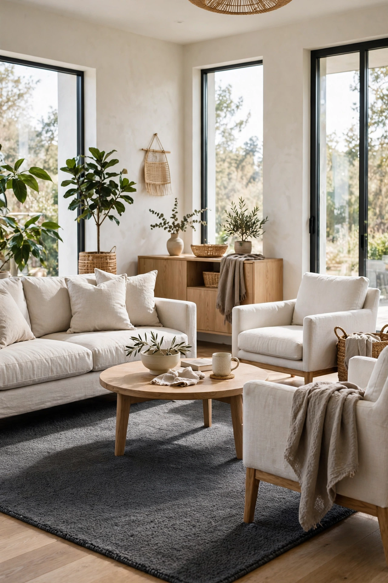 Charcoal low pile area rug grounding light sofa in living room