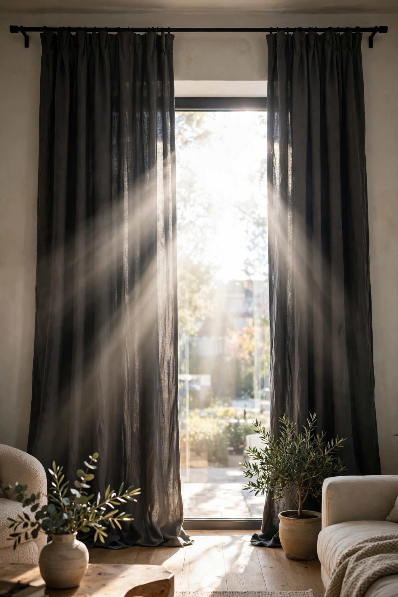 Floor length charcoal curtains framing bright window in living room