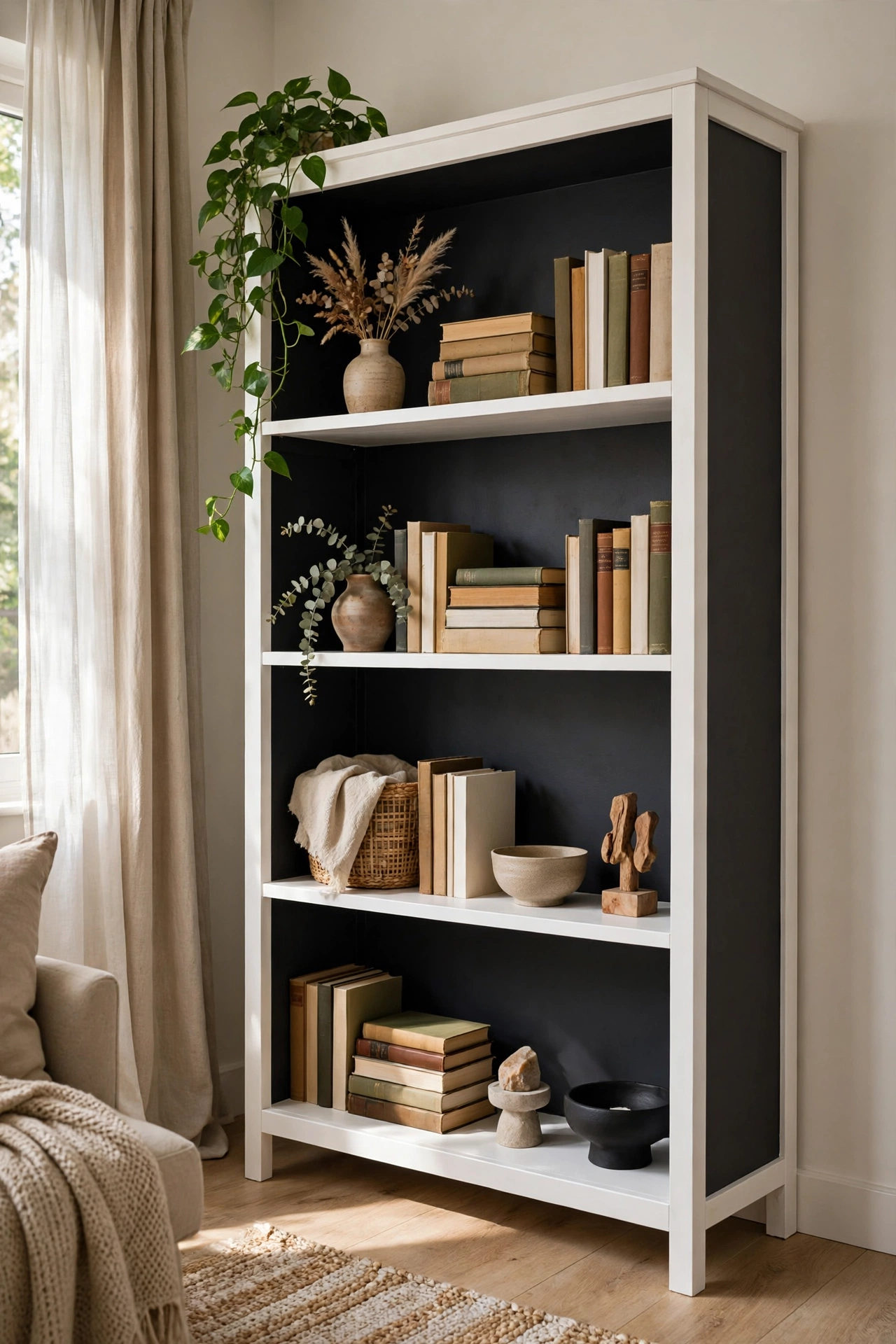 White bookshelf with charcoal painted back panels in living room