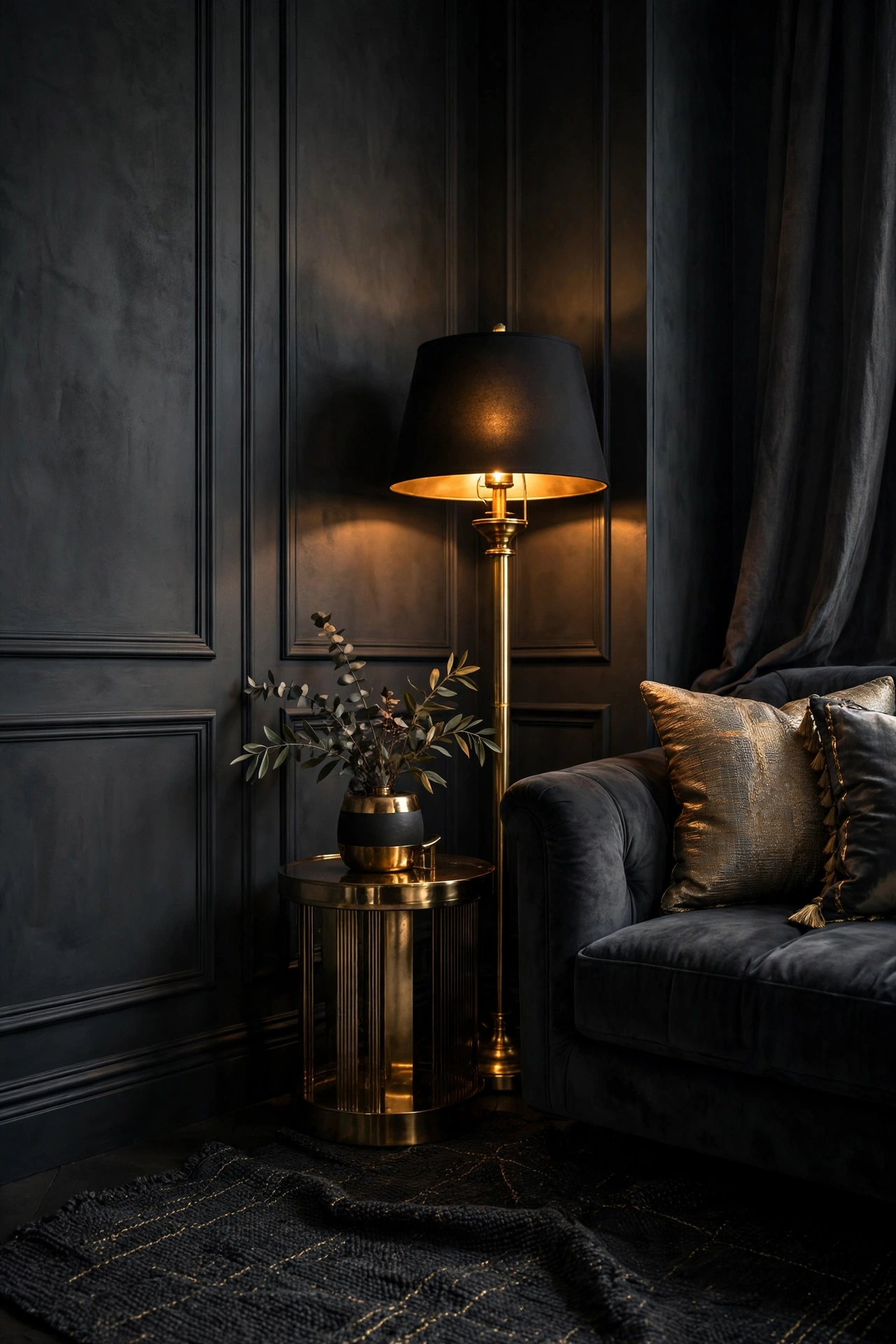 Charcoal wall with brass lamp and gold spray painted accents glowing
