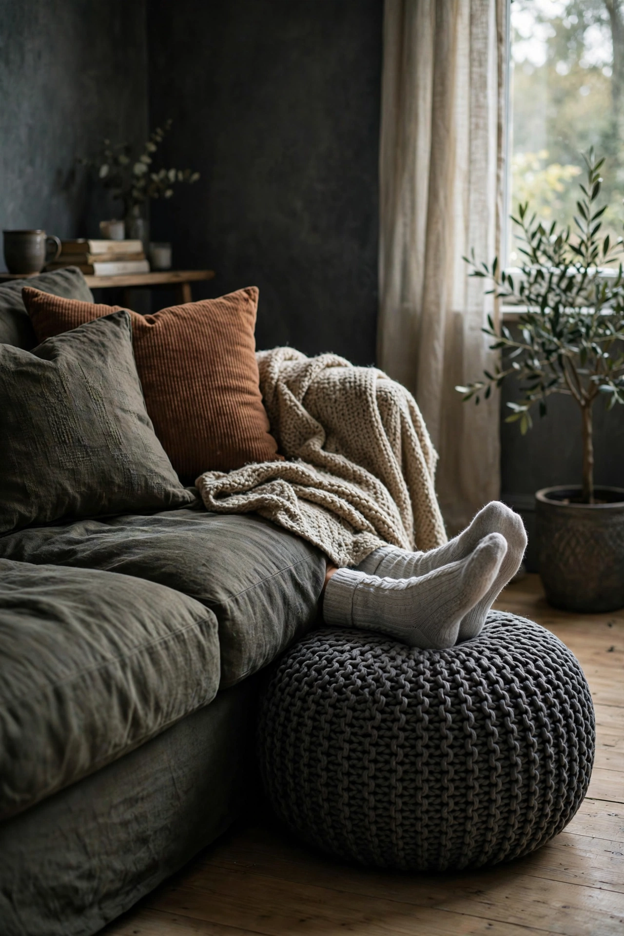 Charcoal jute pouf beside sofa as soft seating in living room