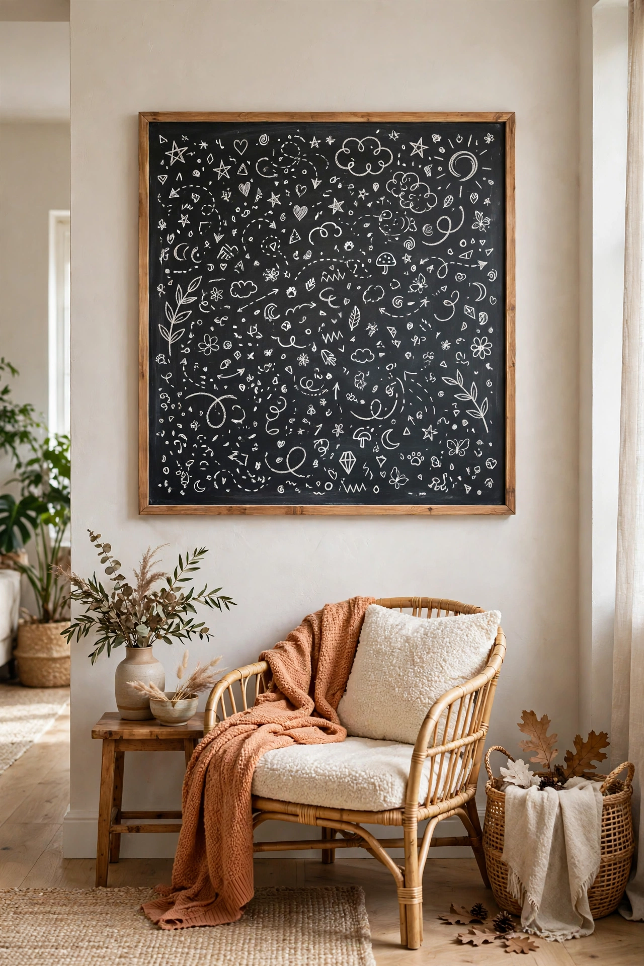 Charcoal chalkboard paint square with white doodles in living room nook
