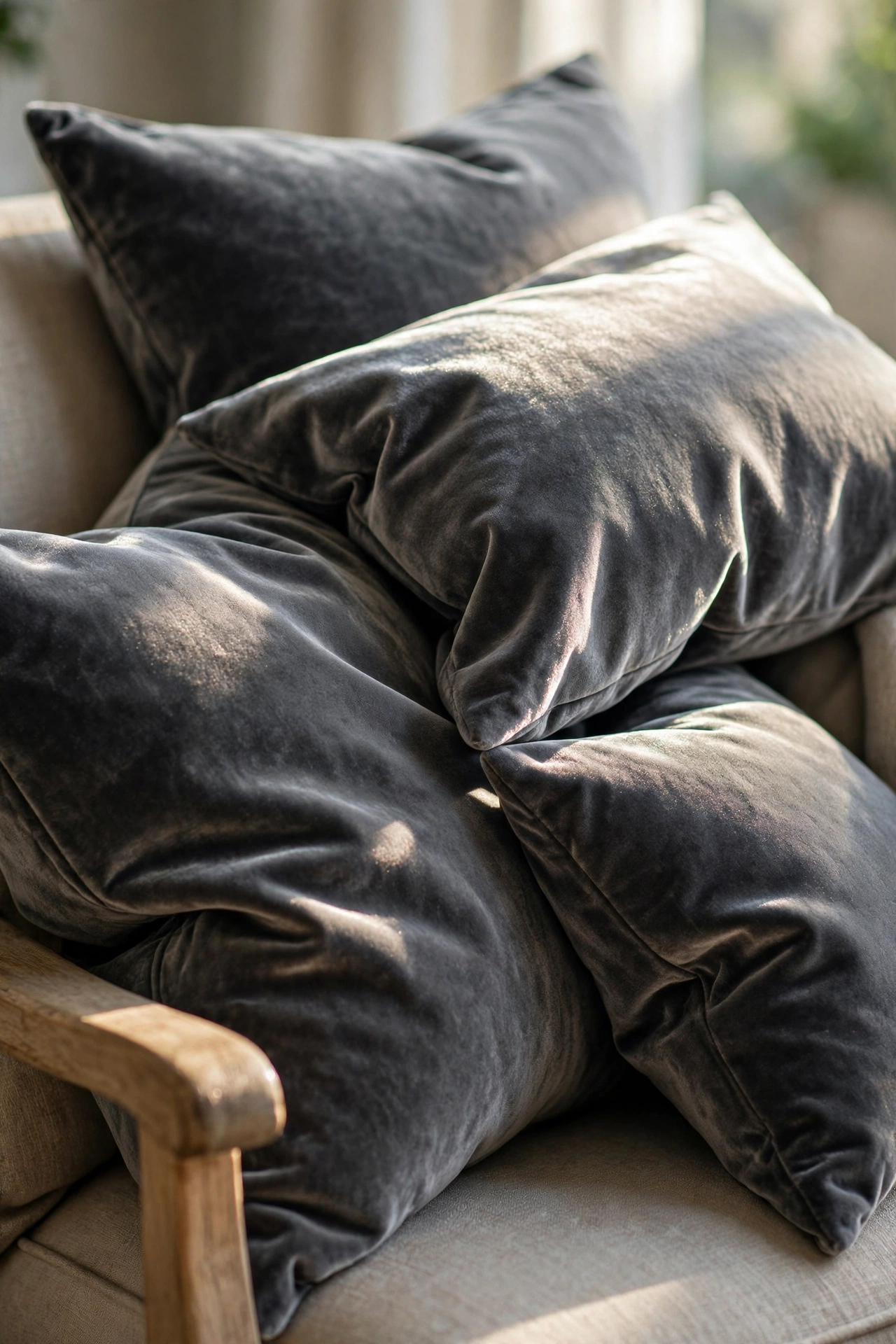 Charcoal velvet throw pillows catching light on reading chair