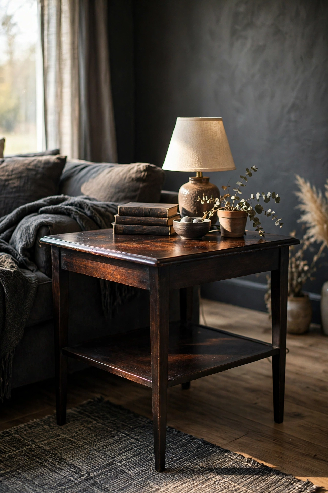 Thrifted side table stained dark ebony in moody living room