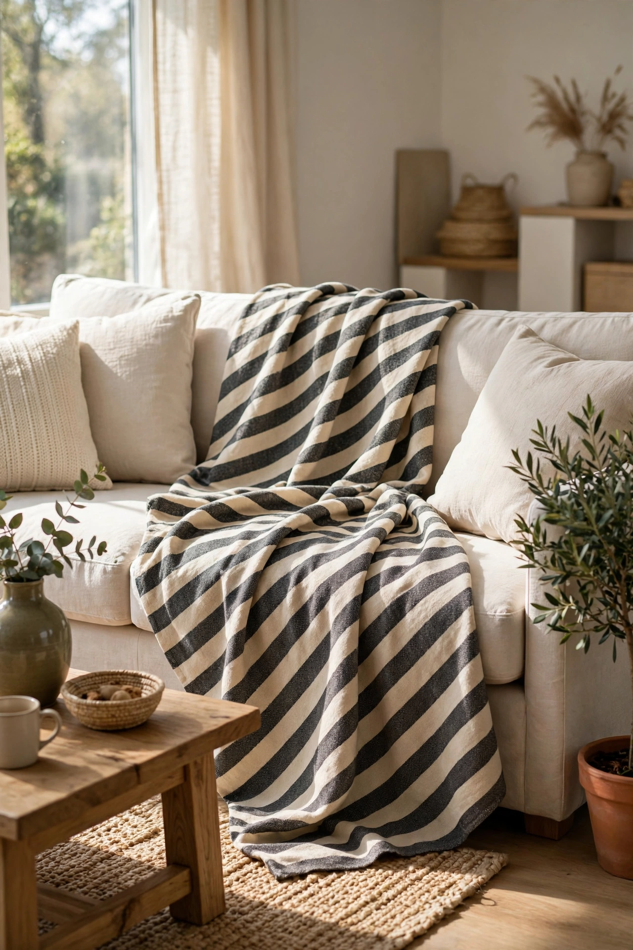 Charcoal and cream striped throw draped diagonally on sofa