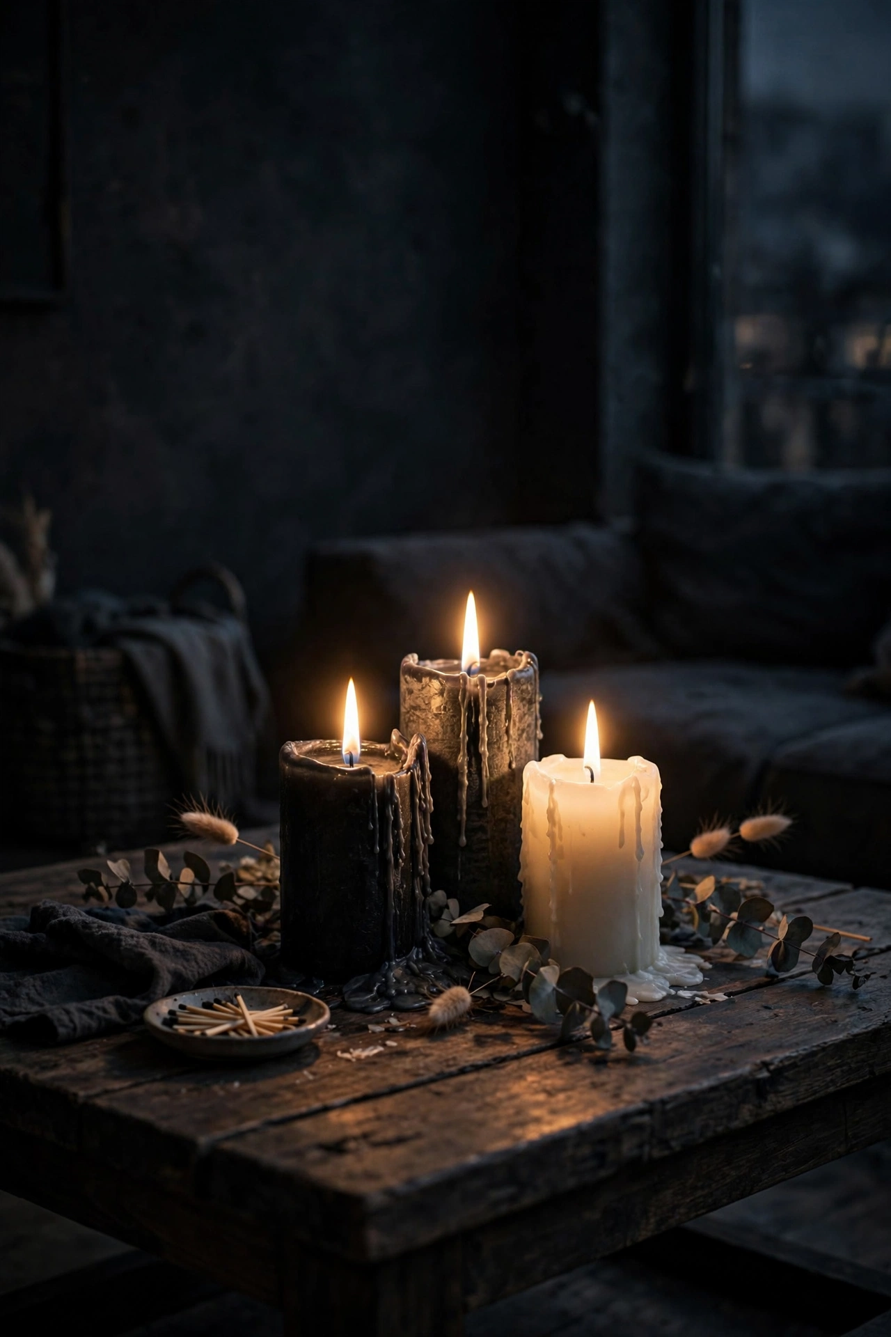 Group of black charcoal and cream candles glowing on coffee table