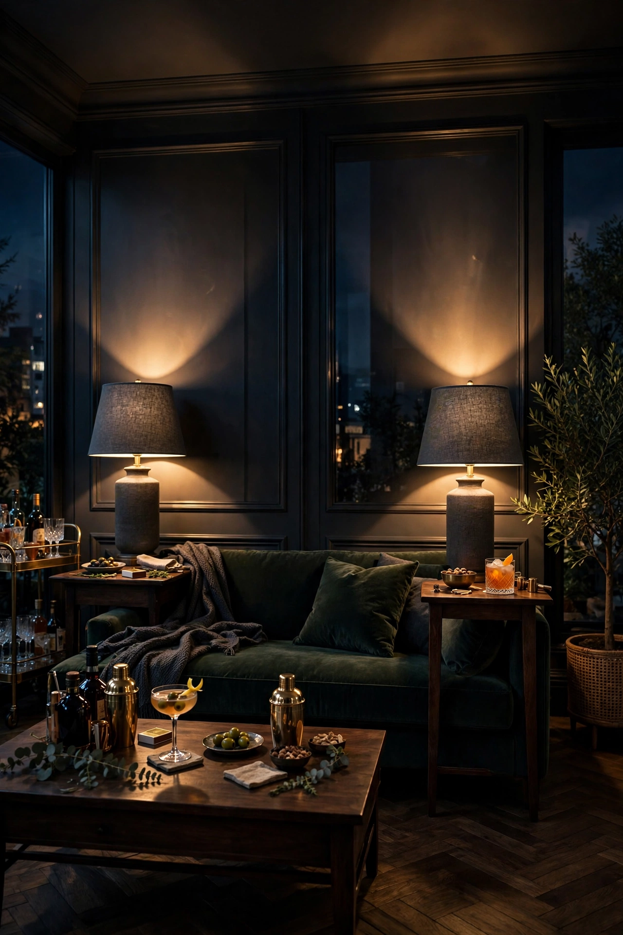 Table lamps with charcoal shades casting dramatic pools of light