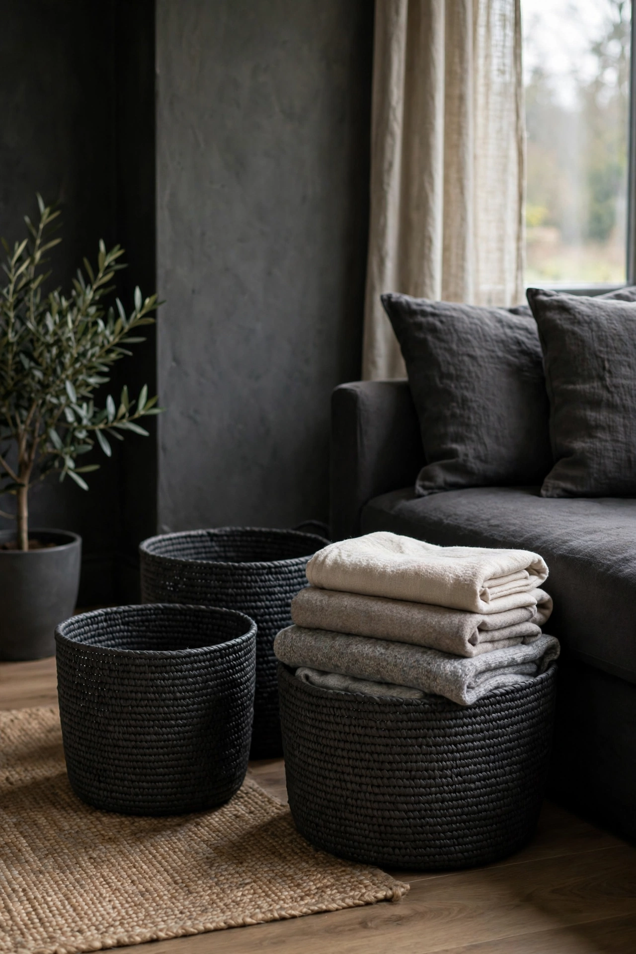 Dark woven charcoal baskets storing blankets beside sofa