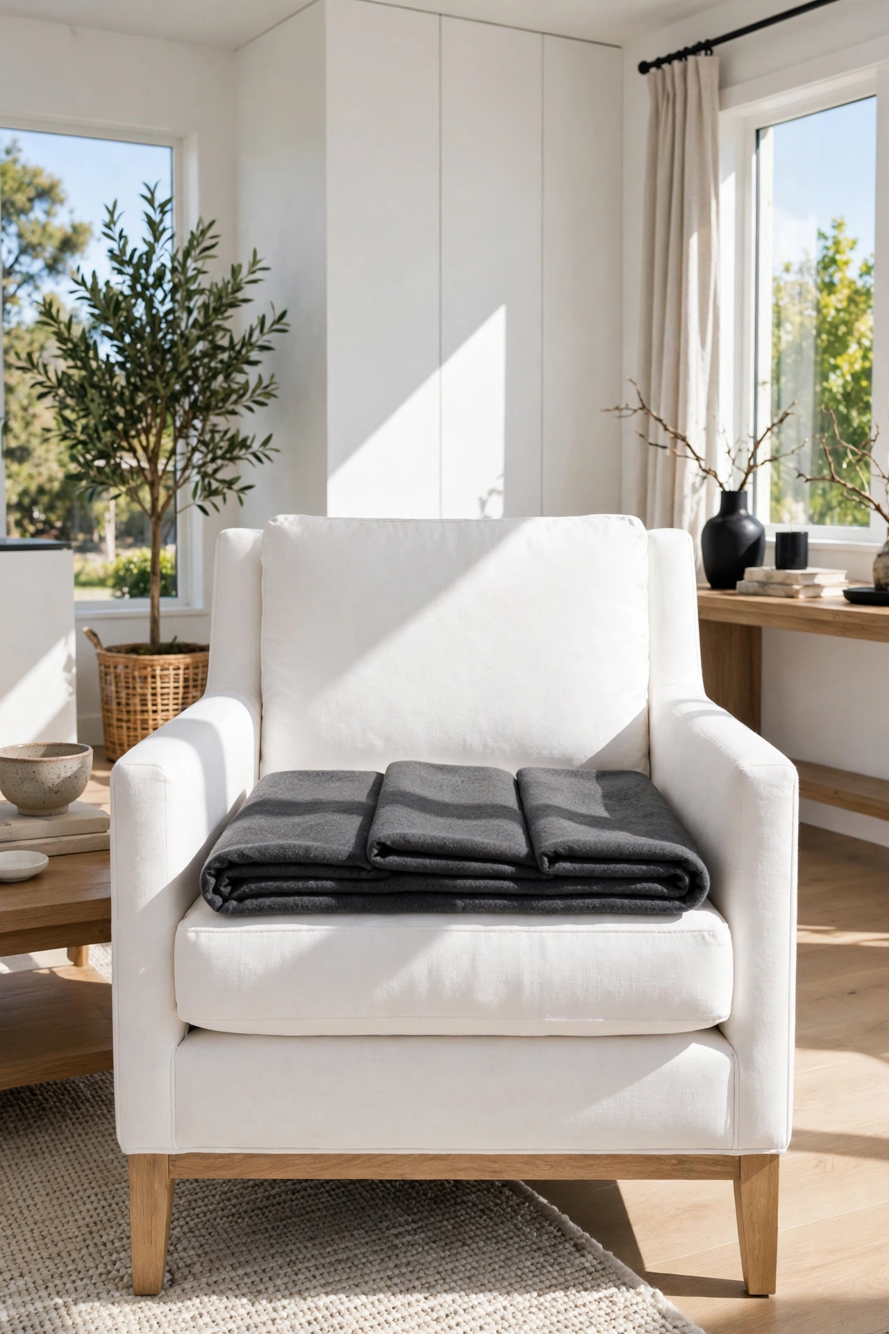 Charcoal throw folded crisply on white armchair in living room