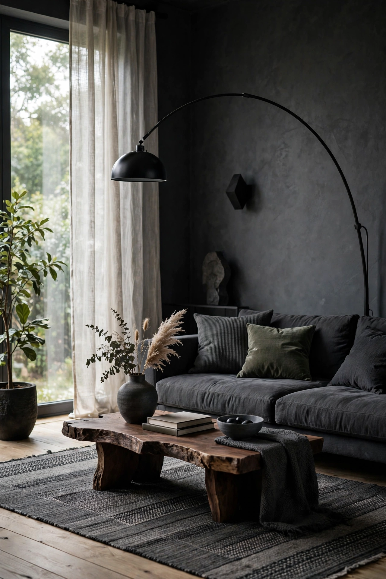 Black metal floor lamp as statement anchor in charcoal living room