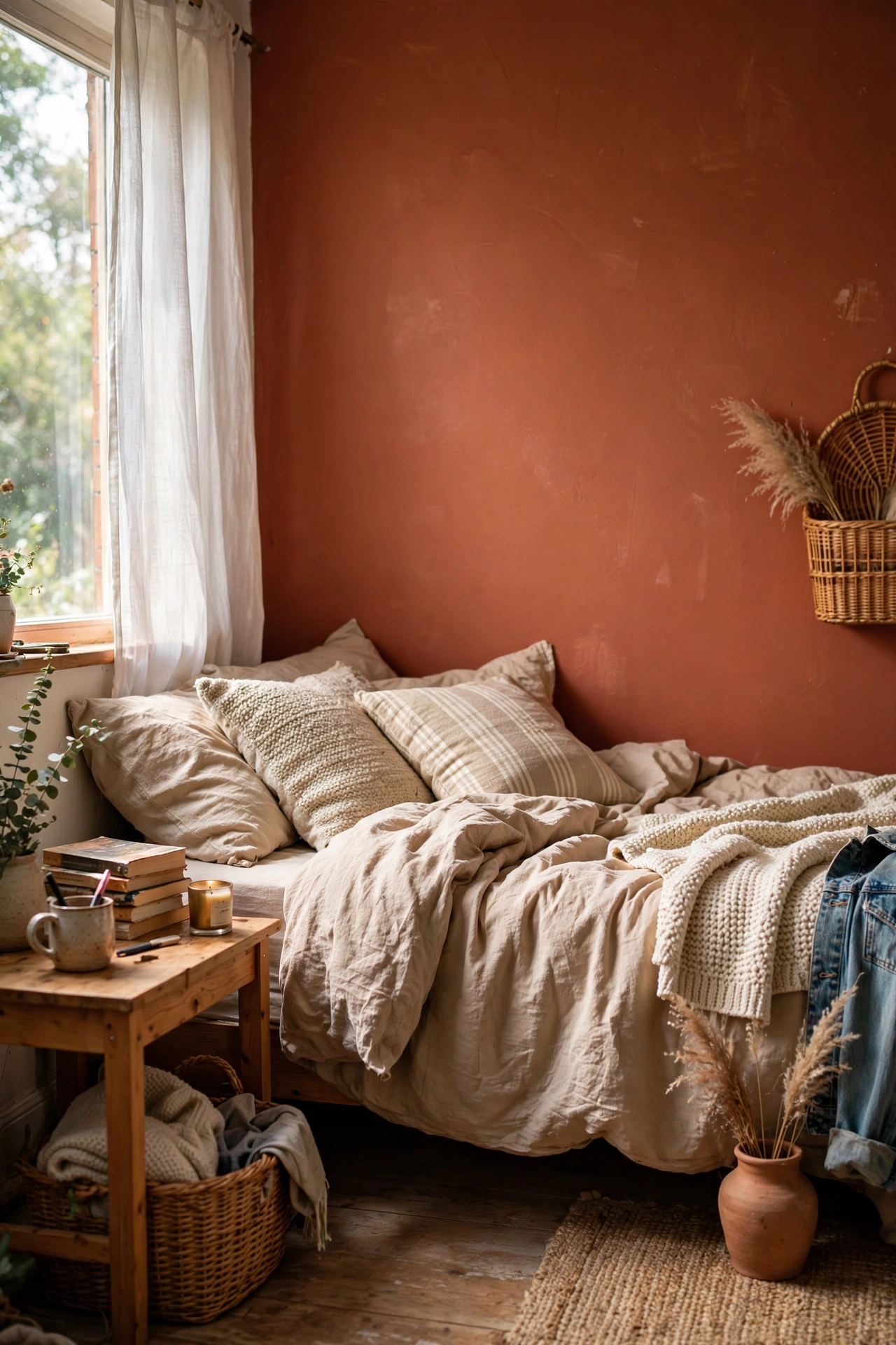 Bedroom wall painted terracotta as an accent behind the bed