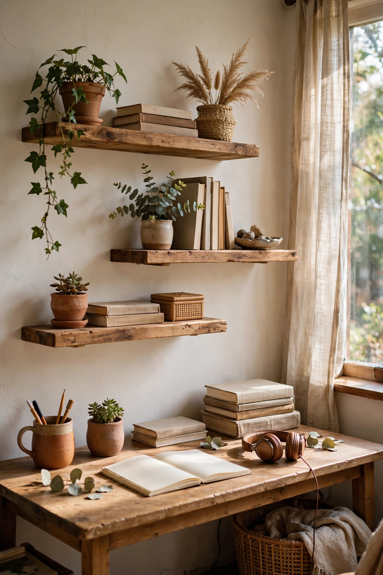 Three staggered floating shelves above a desk with plants and books