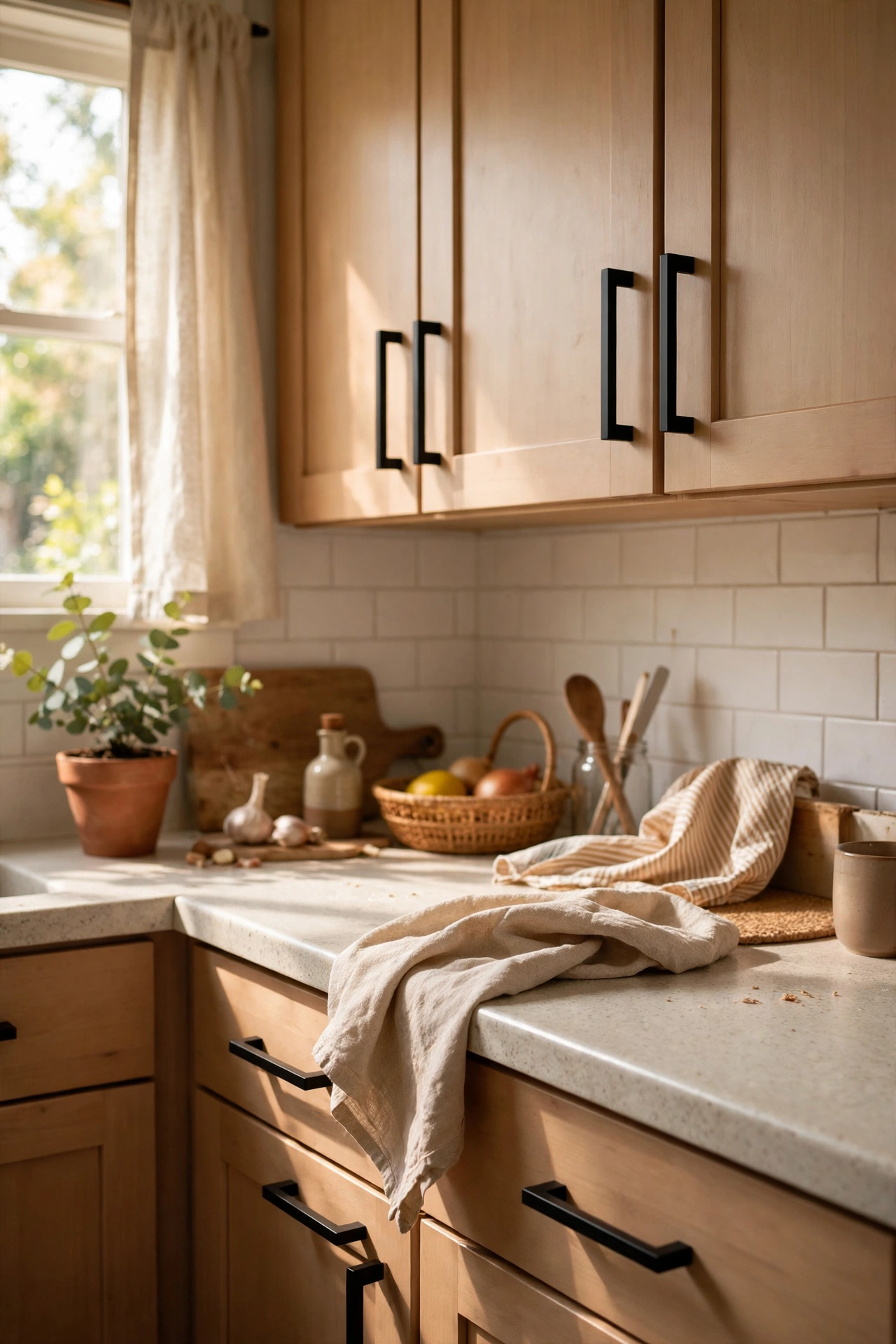 Kitchen cabinets with new matte black bar pull handles