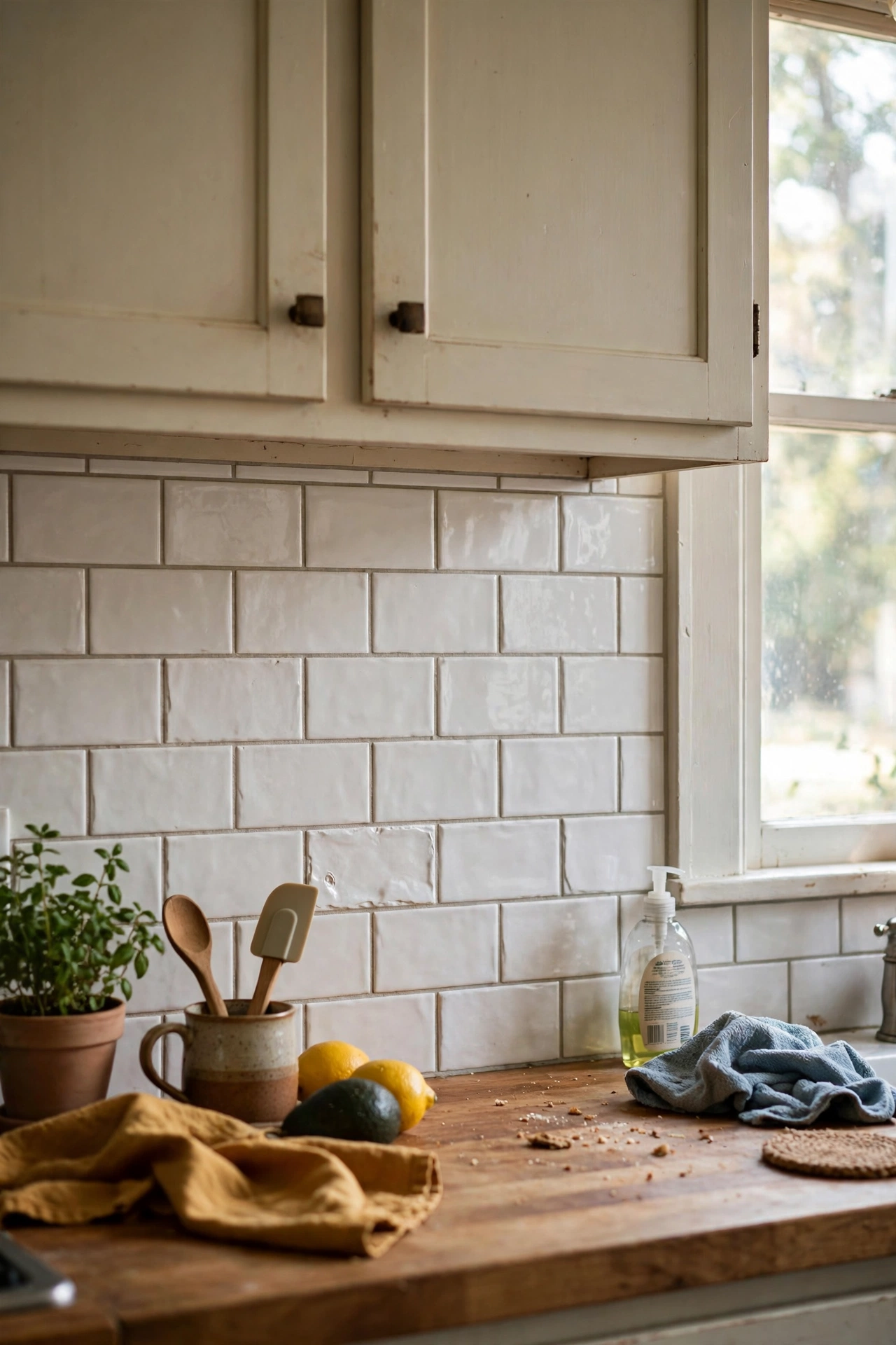 Peel and stick subway tile backsplash in a kitchen