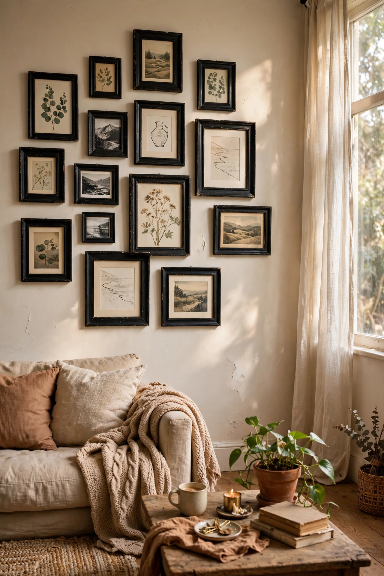 Gallery wall of mismatched black thrifted frames in a living room