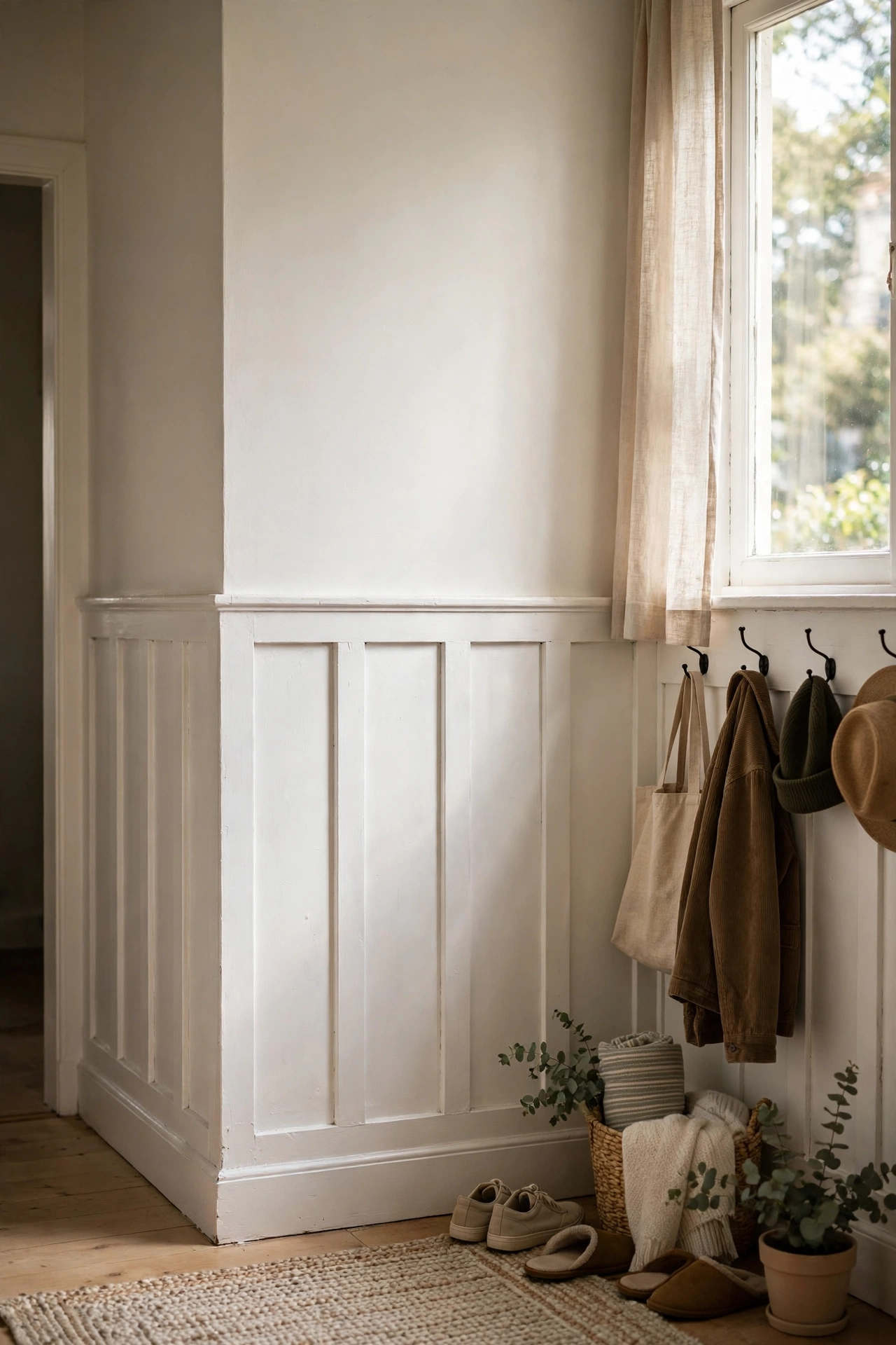 Hallway wall with white board and batten wainscoting