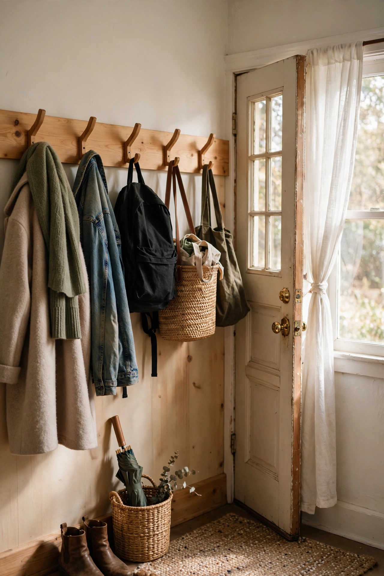 Wooden hook rail with coats and bags by a front door