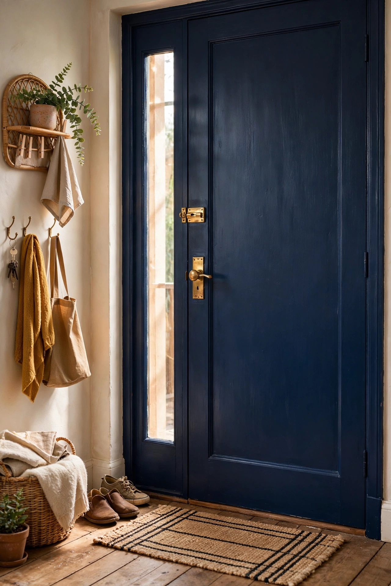 Front door freshly painted deep navy with brass handle