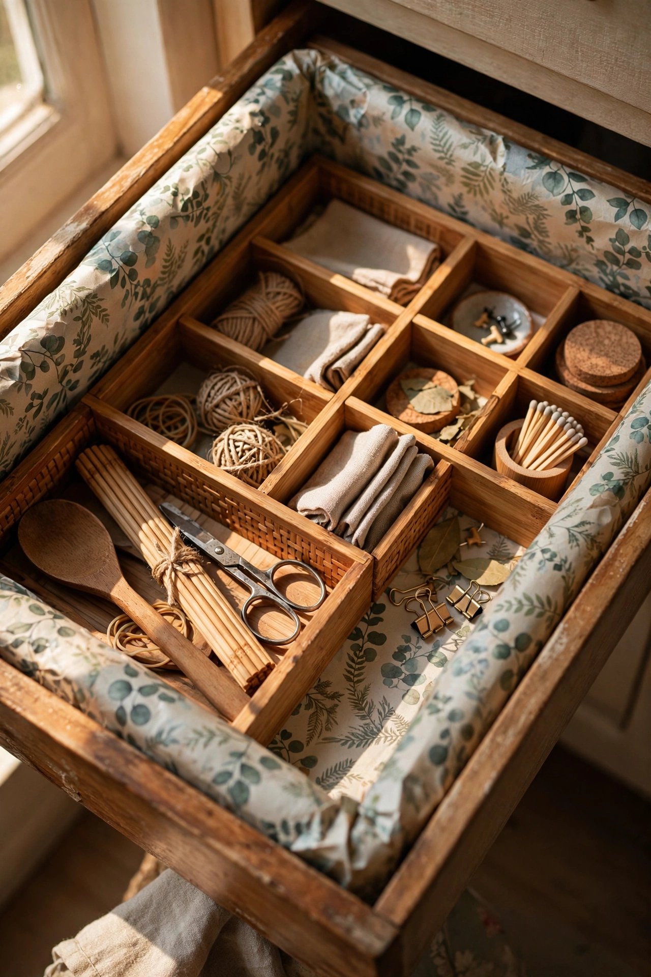 Kitchen drawers lined with patterned paper and bamboo organisers