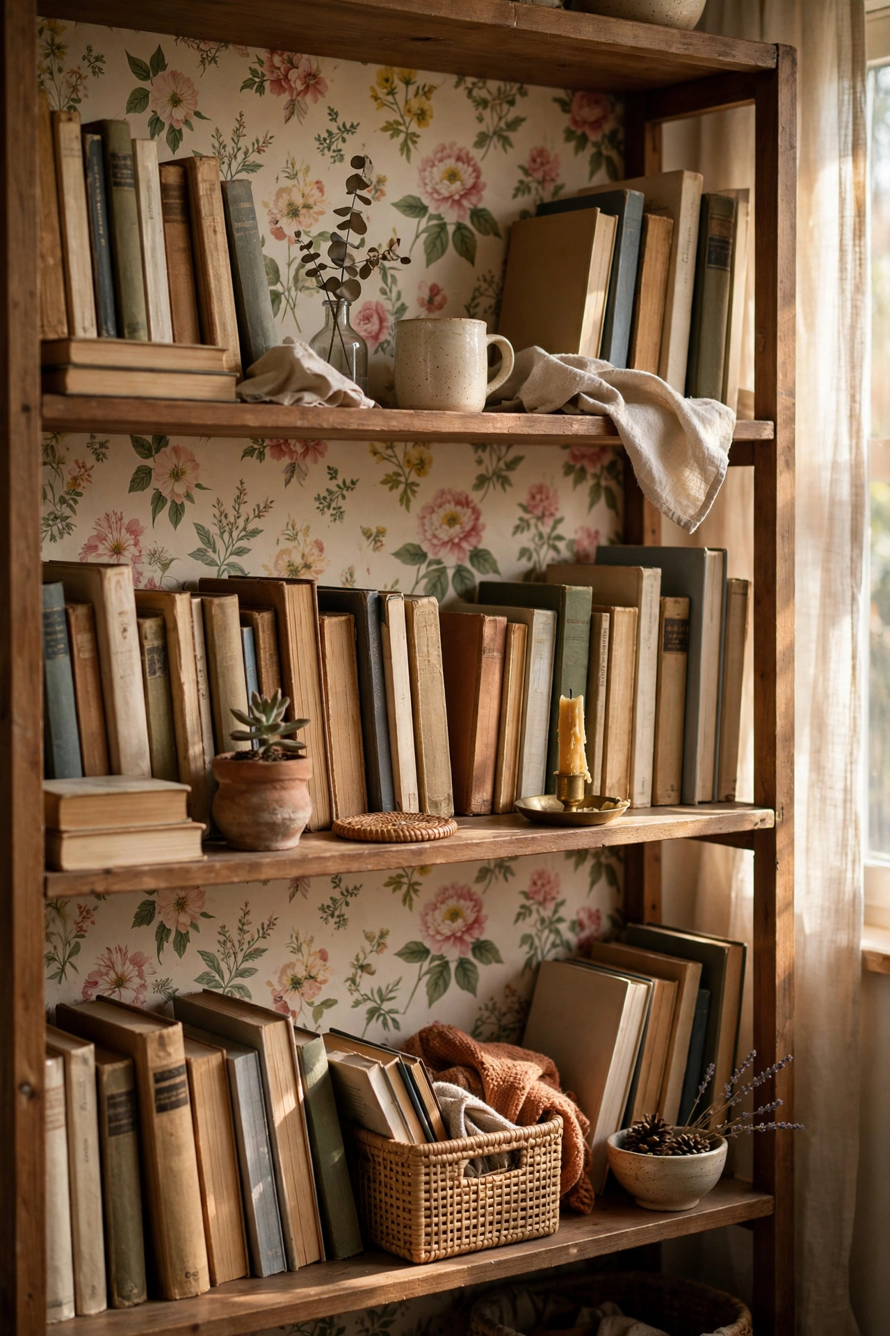 Bookcase with floral wrapping paper backing behind books