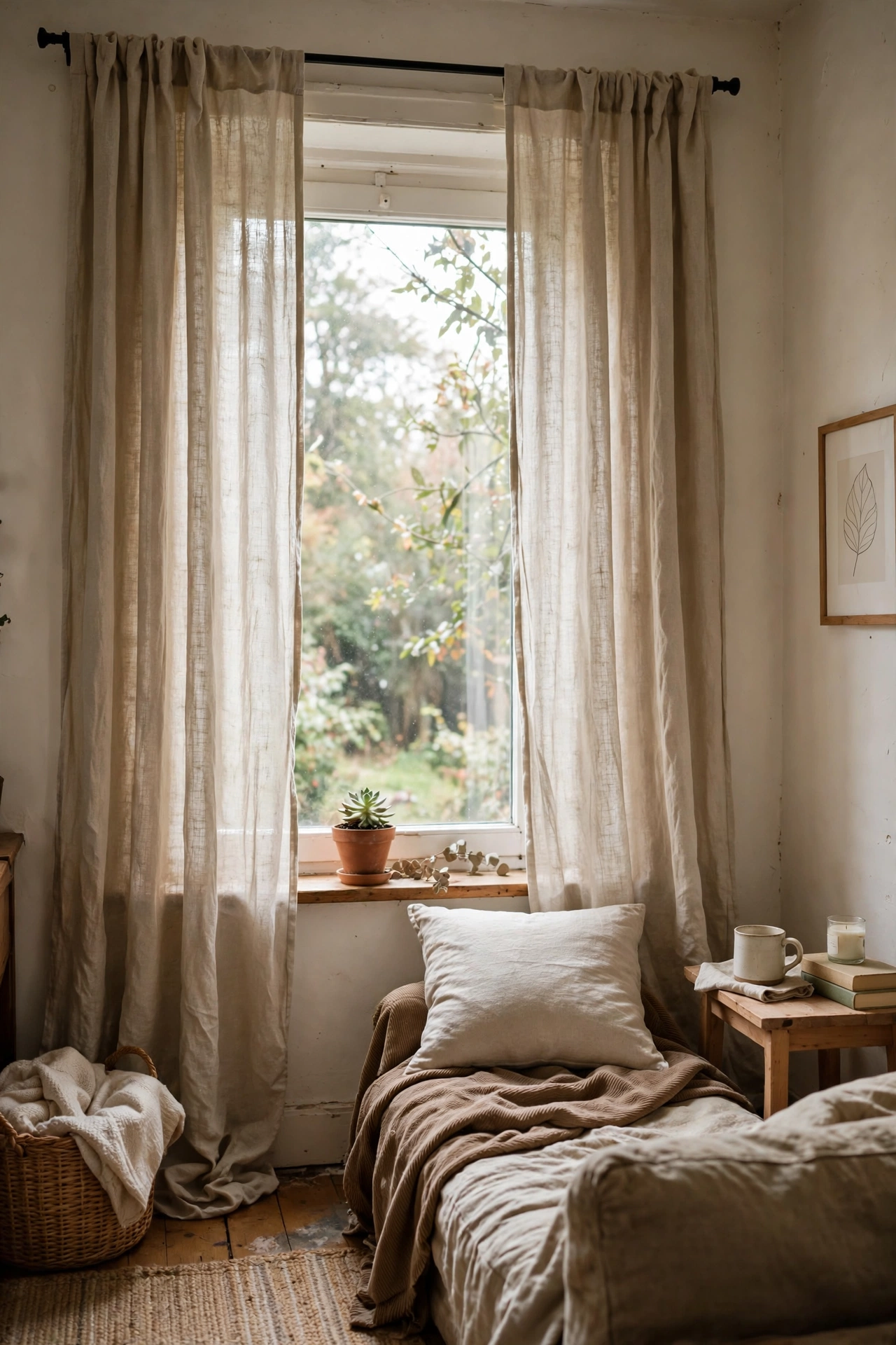 Living room window with linen curtains hung high and wide