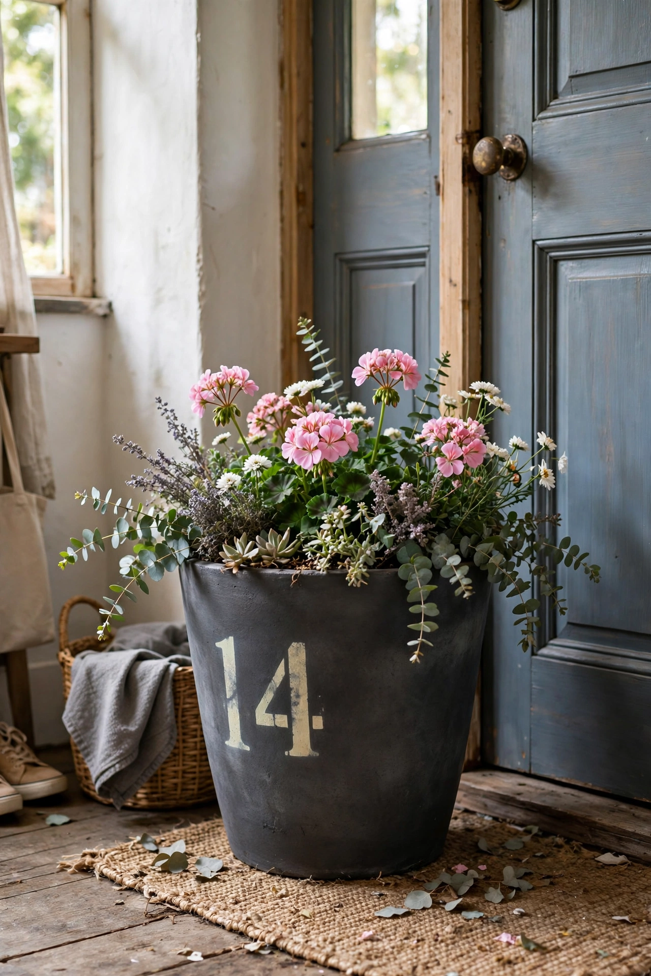 Large charcoal planter with stencilled house number by a front door