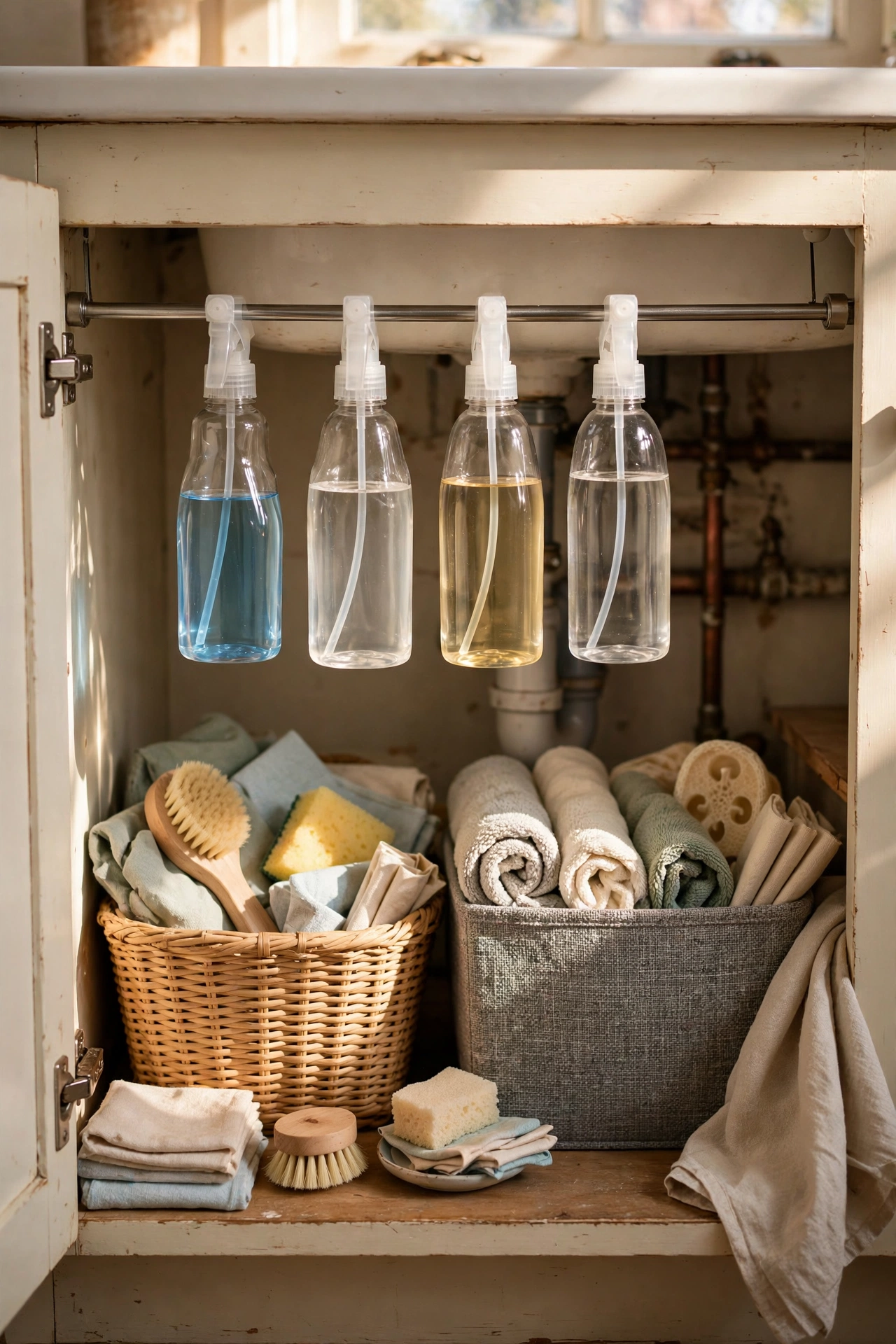 Tidy under-sink cabinet with tension rod holding spray bottles