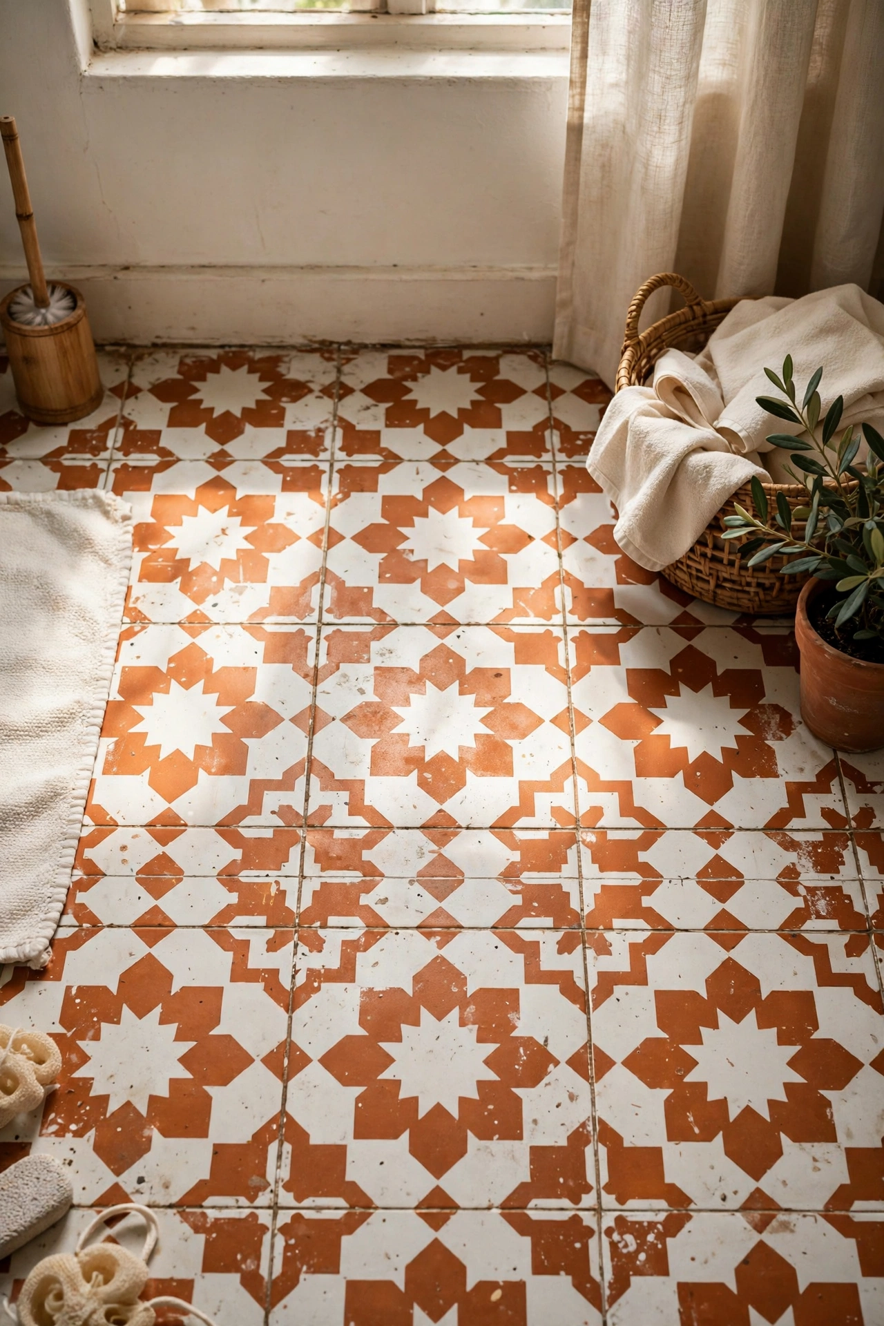 Bathroom floor tiles stencilled with a Moroccan pattern