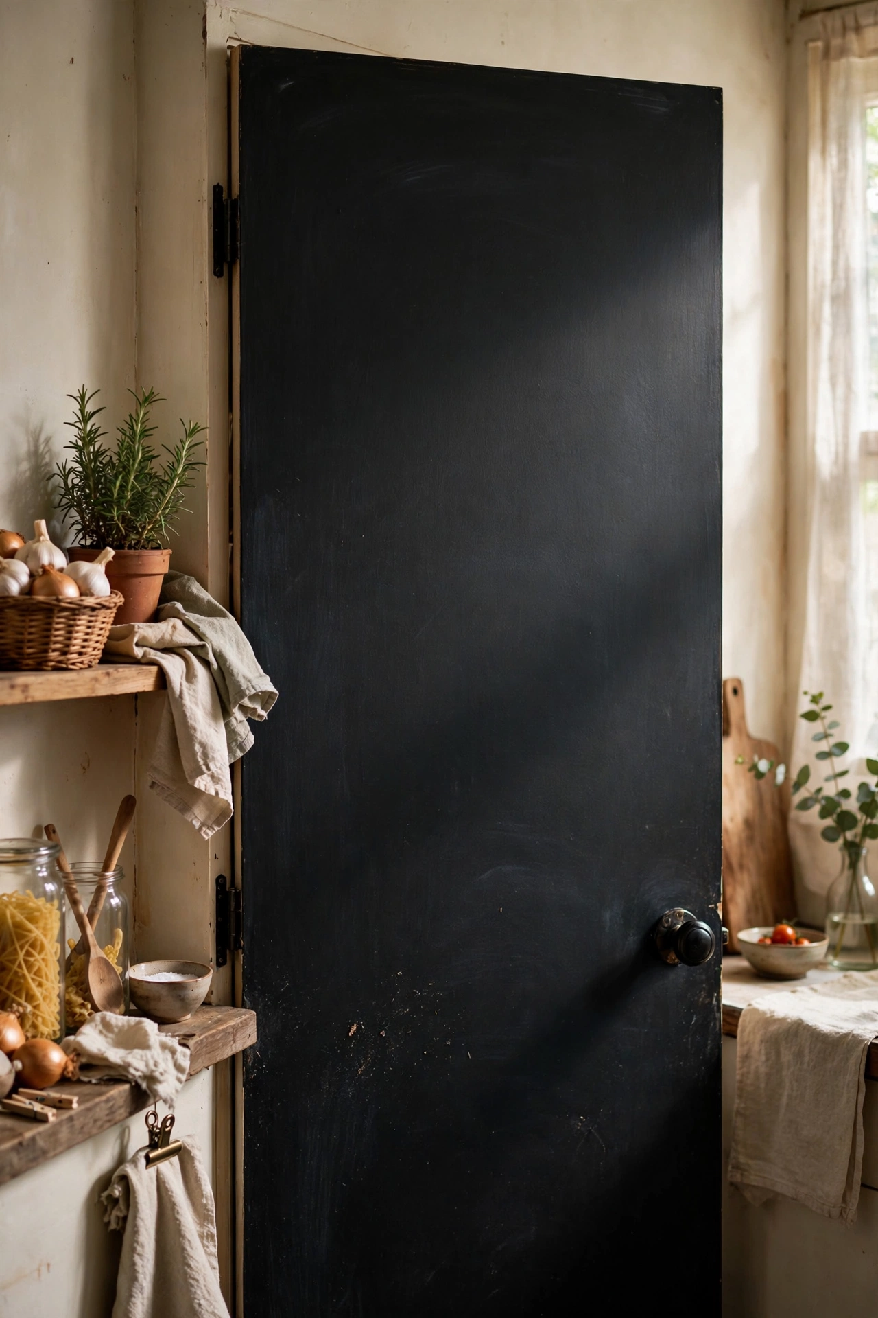 Pantry door painted with chalkboard paint used as a menu board