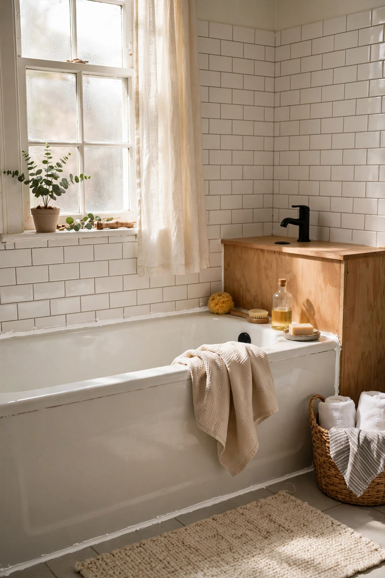 Bathroom with fresh white caulk around the bath and bright grout