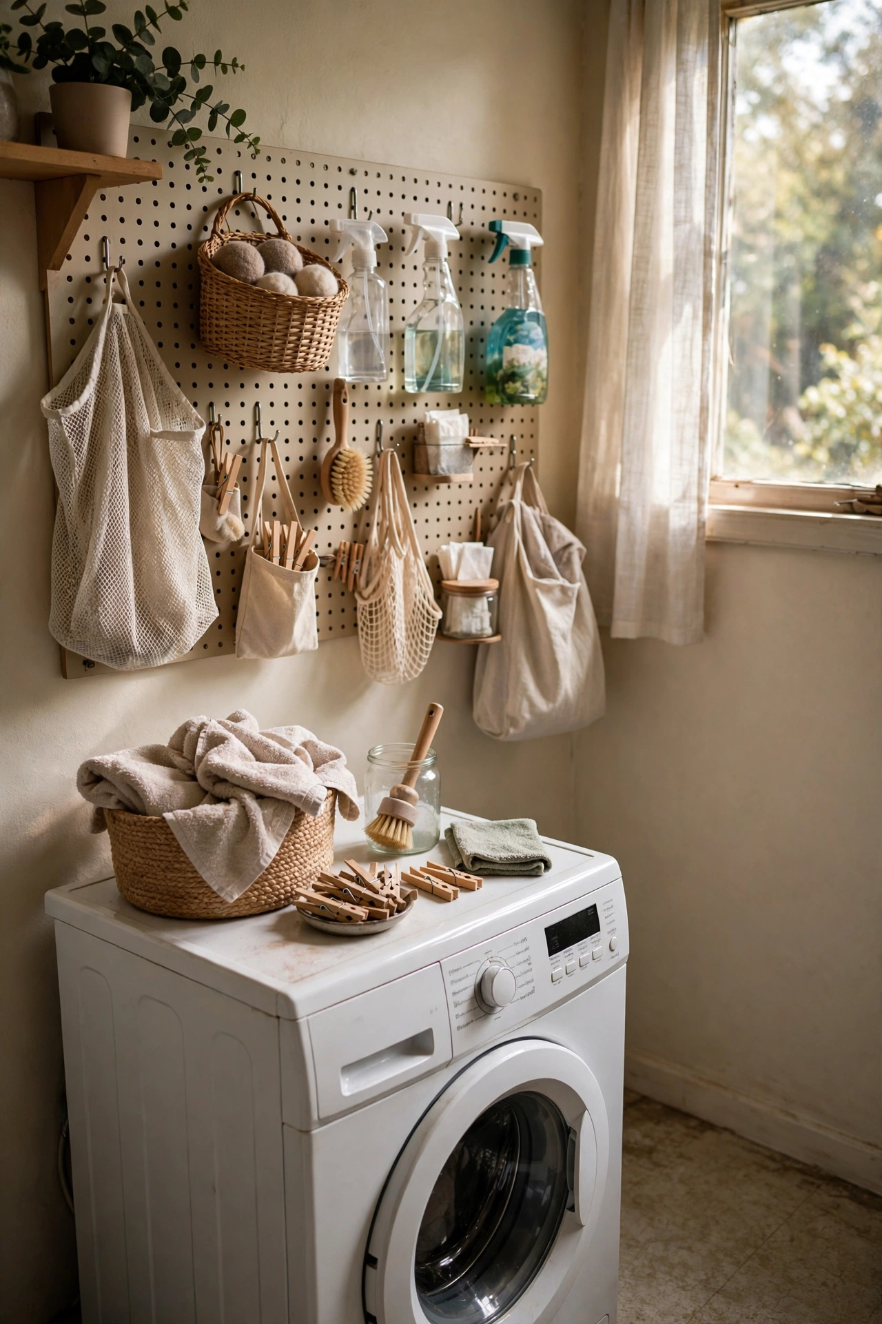 Pegboard wall above a washing machine organising laundry supplies