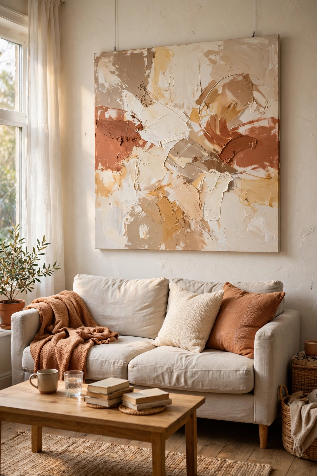 Large abstract canvas painting in cream and clay tones hanging above a modern sofa