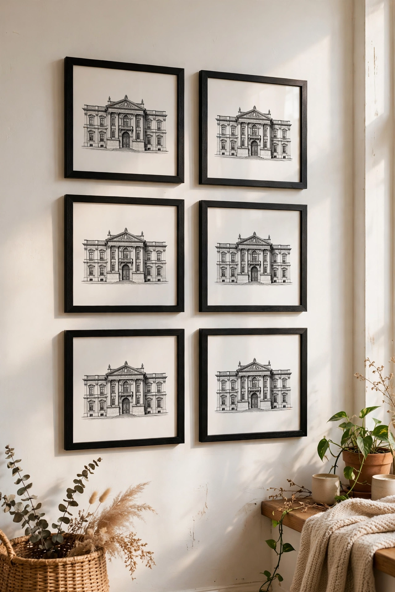 Grid of six black framed black-and-white prints arranged in a neat gallery wall
