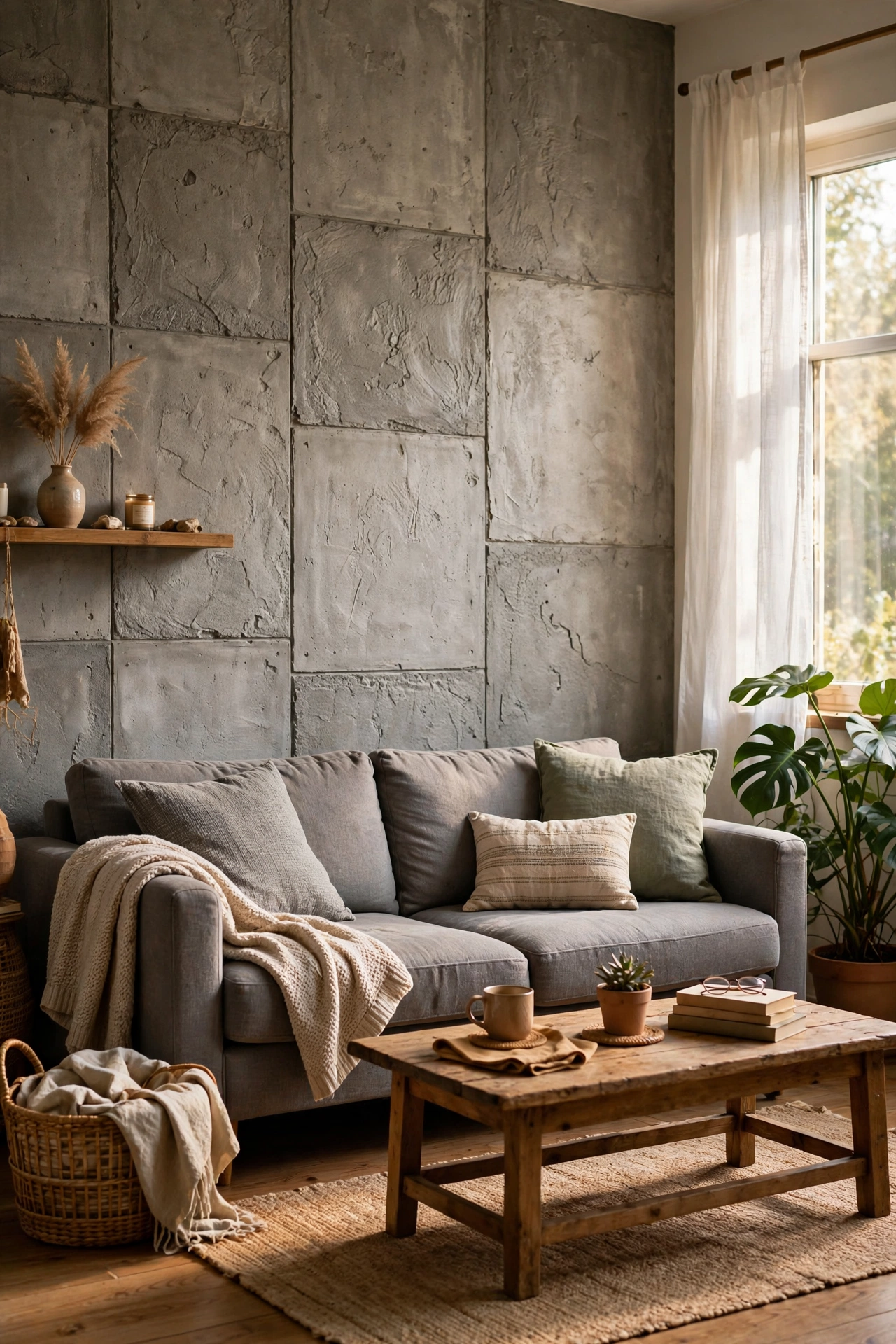 Accent wall with concrete-look peel and stick panels behind a modern grey sofa