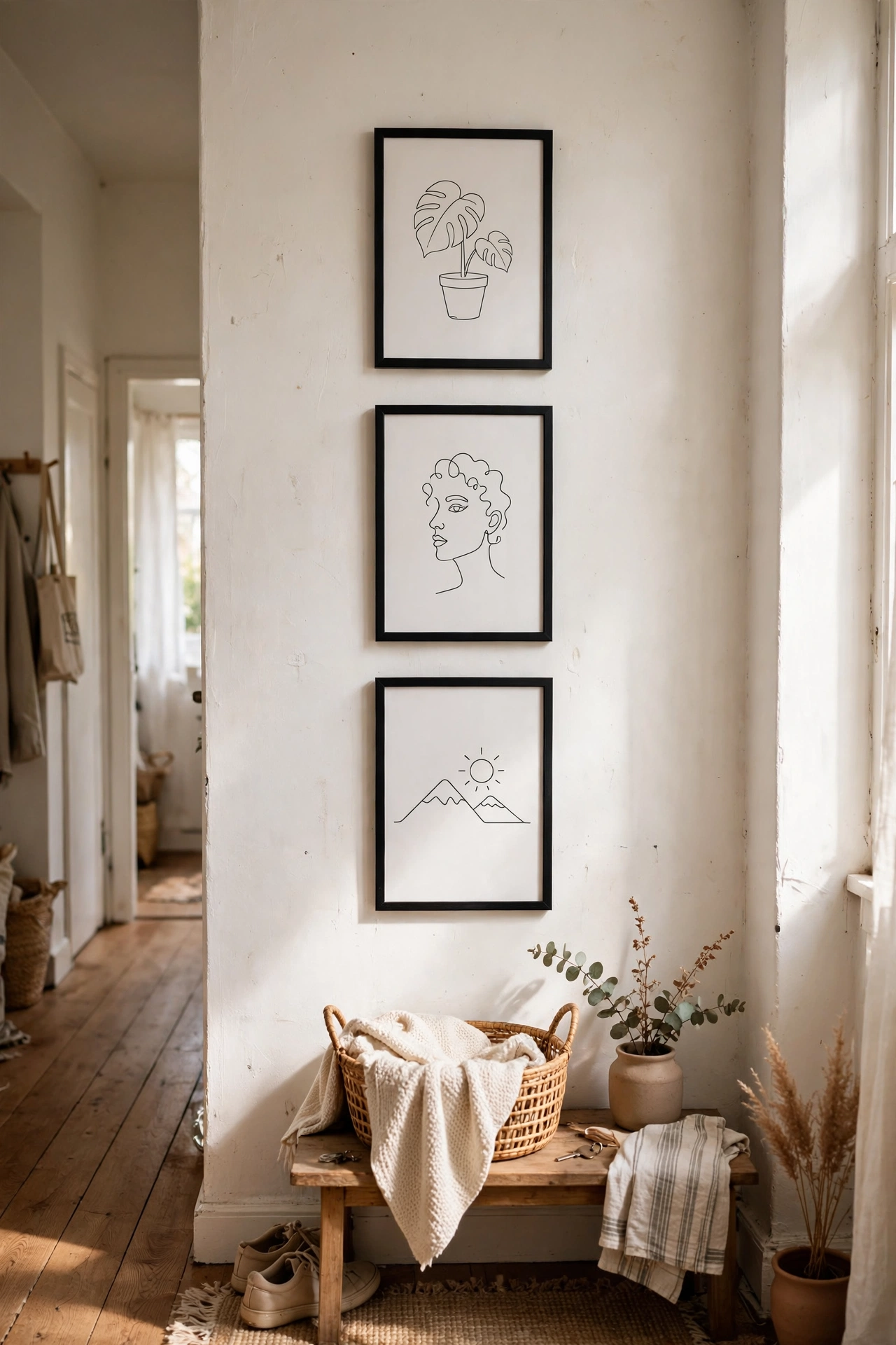 Three slim black frames with minimalist single line art prints in a hallway