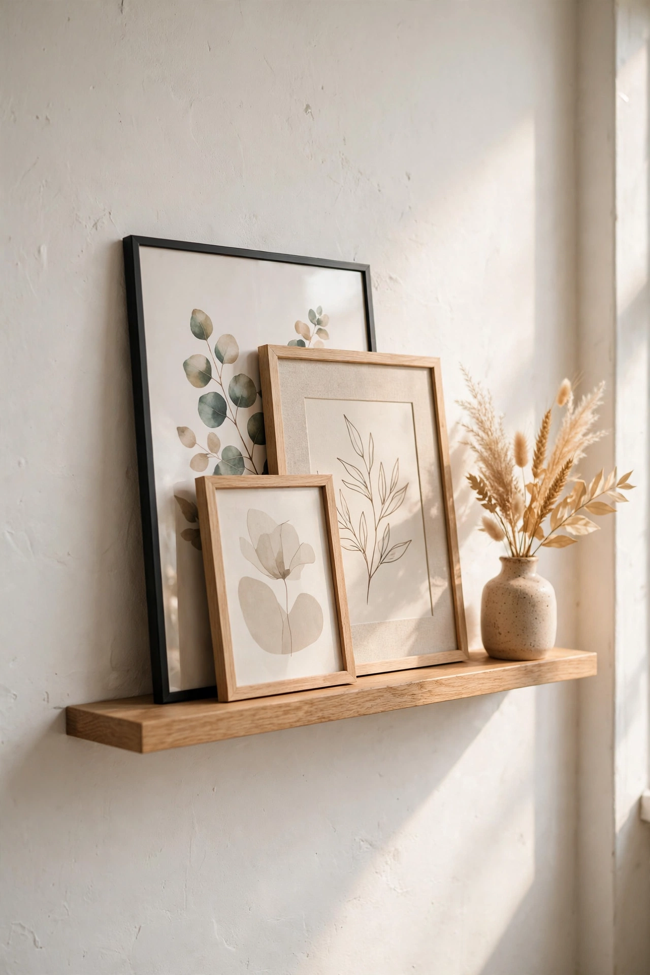 Slim oak picture ledge on a wall with layered art prints and a small vase