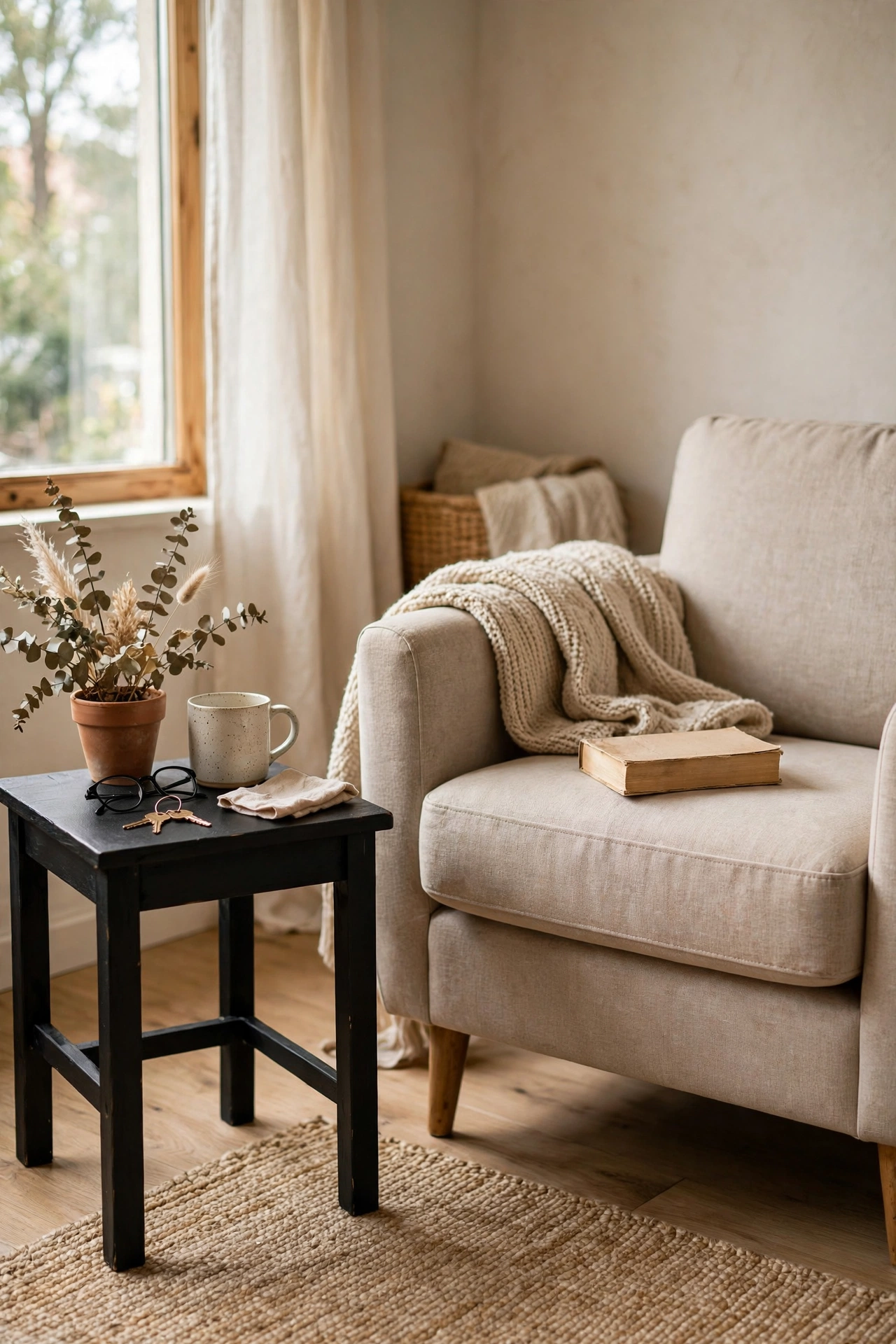 Small wooden side table spray painted matte black next to a modern armchair