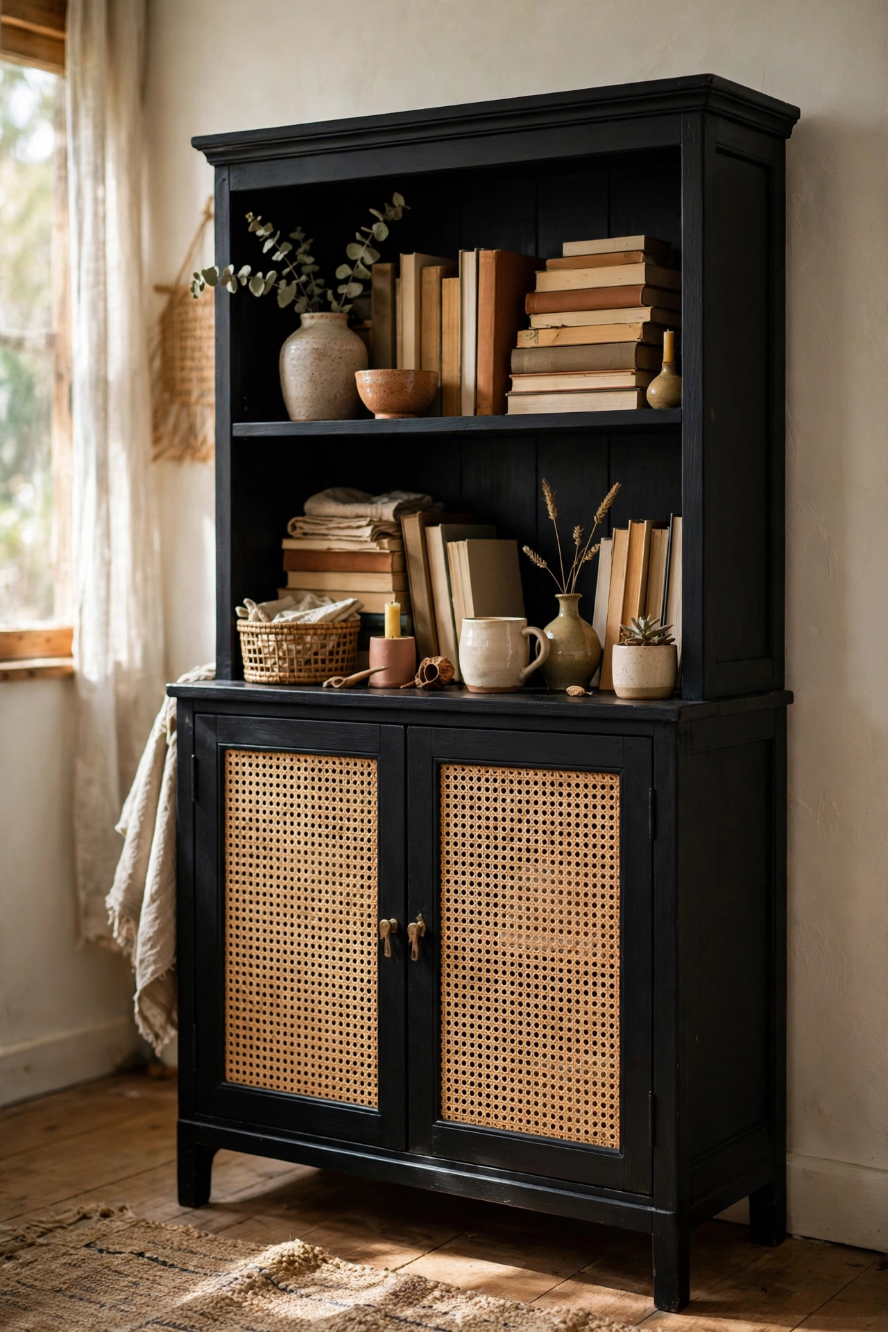 Black bookcase with cane webbing cabinet doors in a modern living room