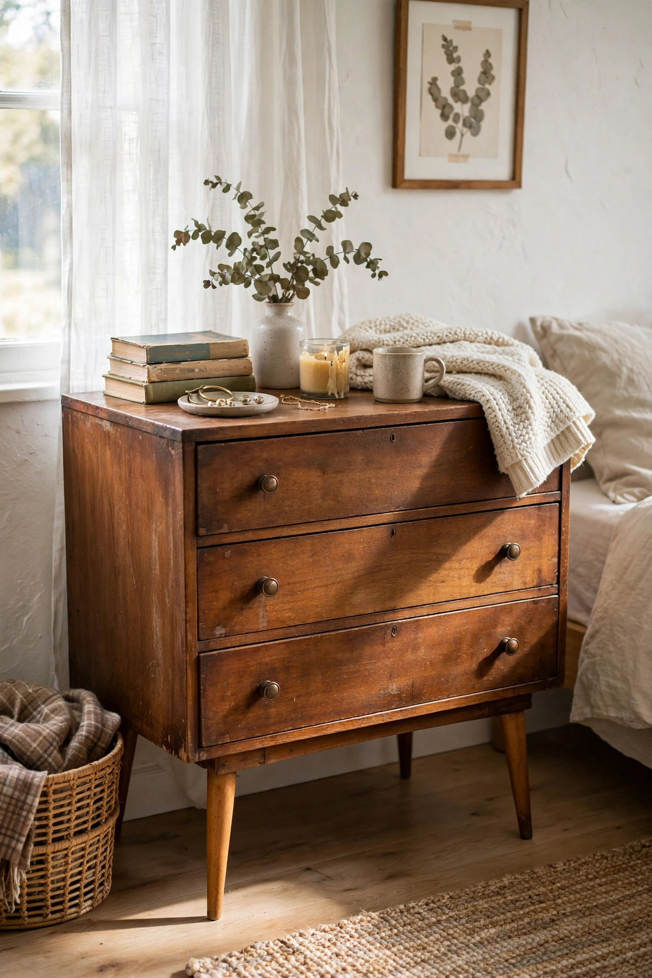 Thrifted wooden dresser with new tapered mid-century legs in a bedroom