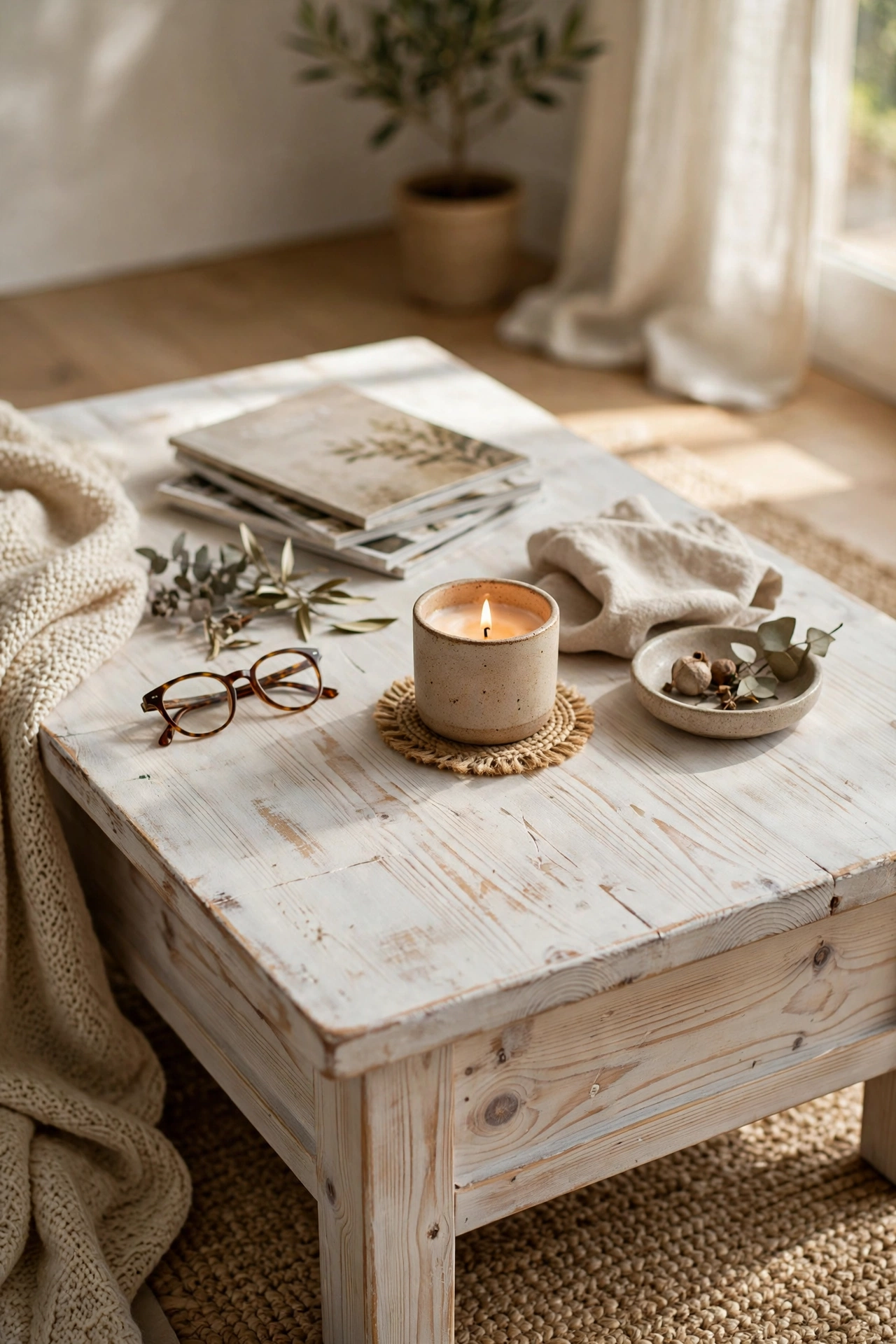 Whitewashed pine coffee table with soft Scandinavian look in a living room