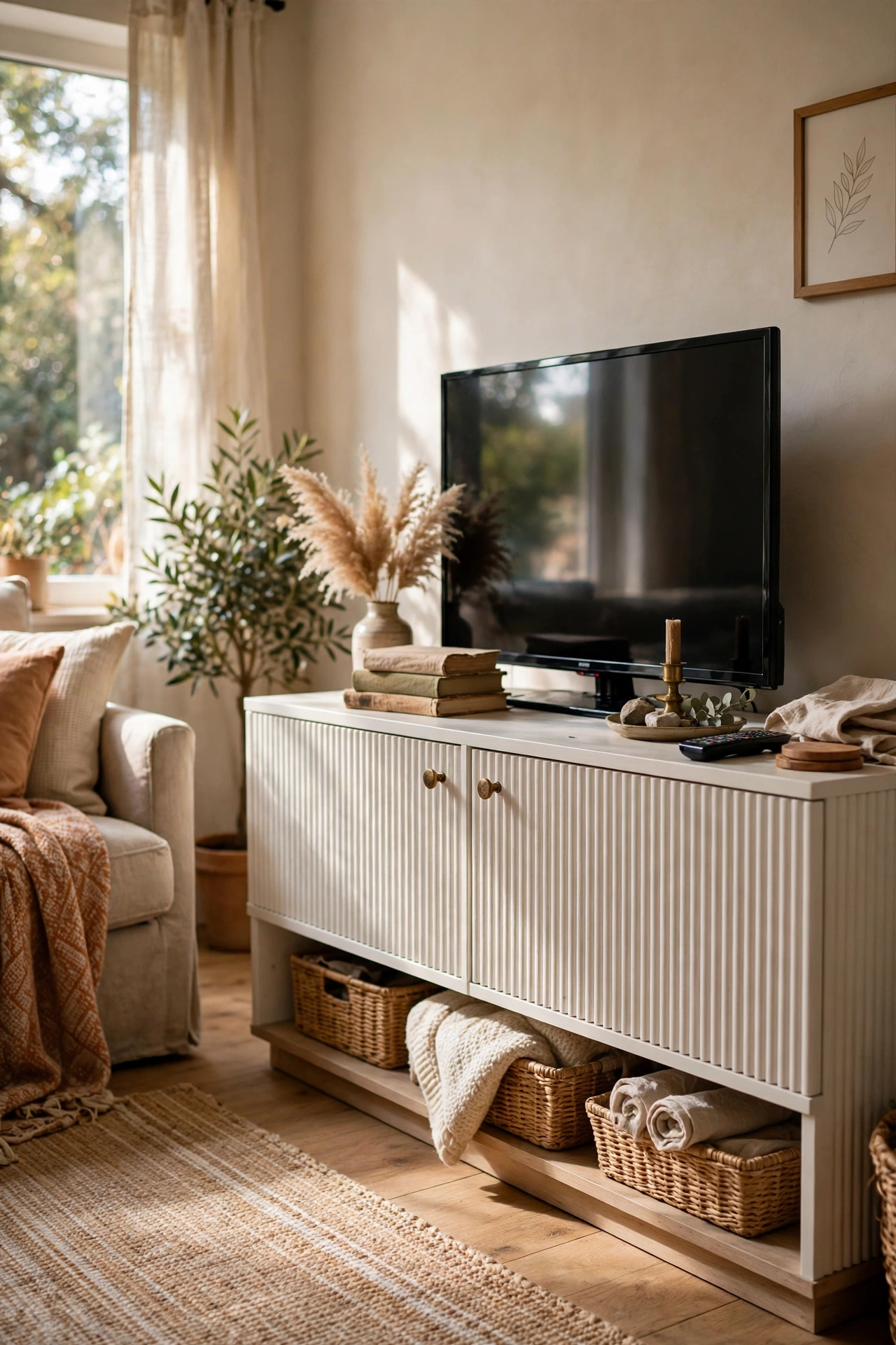 TV console with fluted wood dowel fronts painted warm white