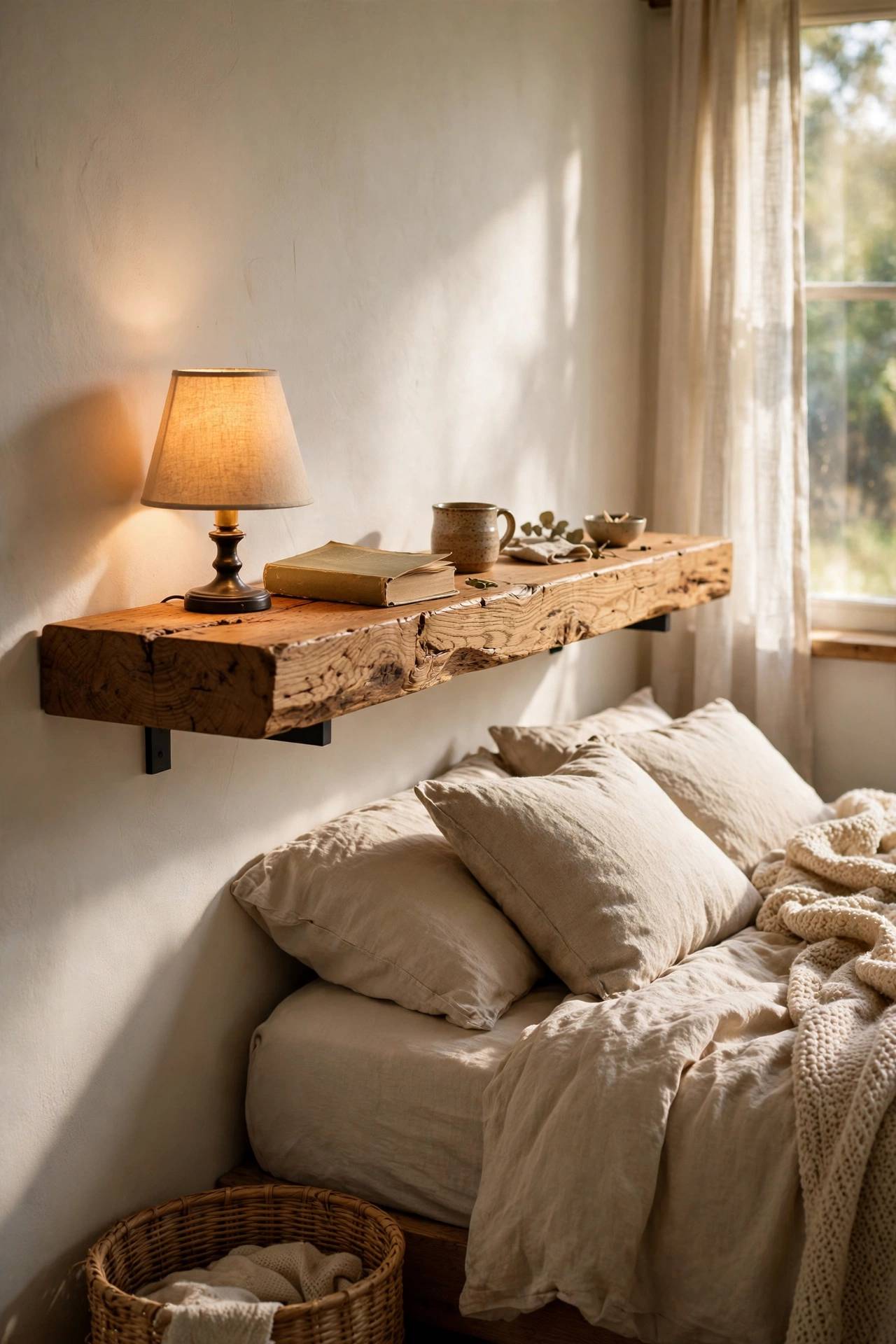 Minimalist floating oak shelf as a bedside table with lamp and book