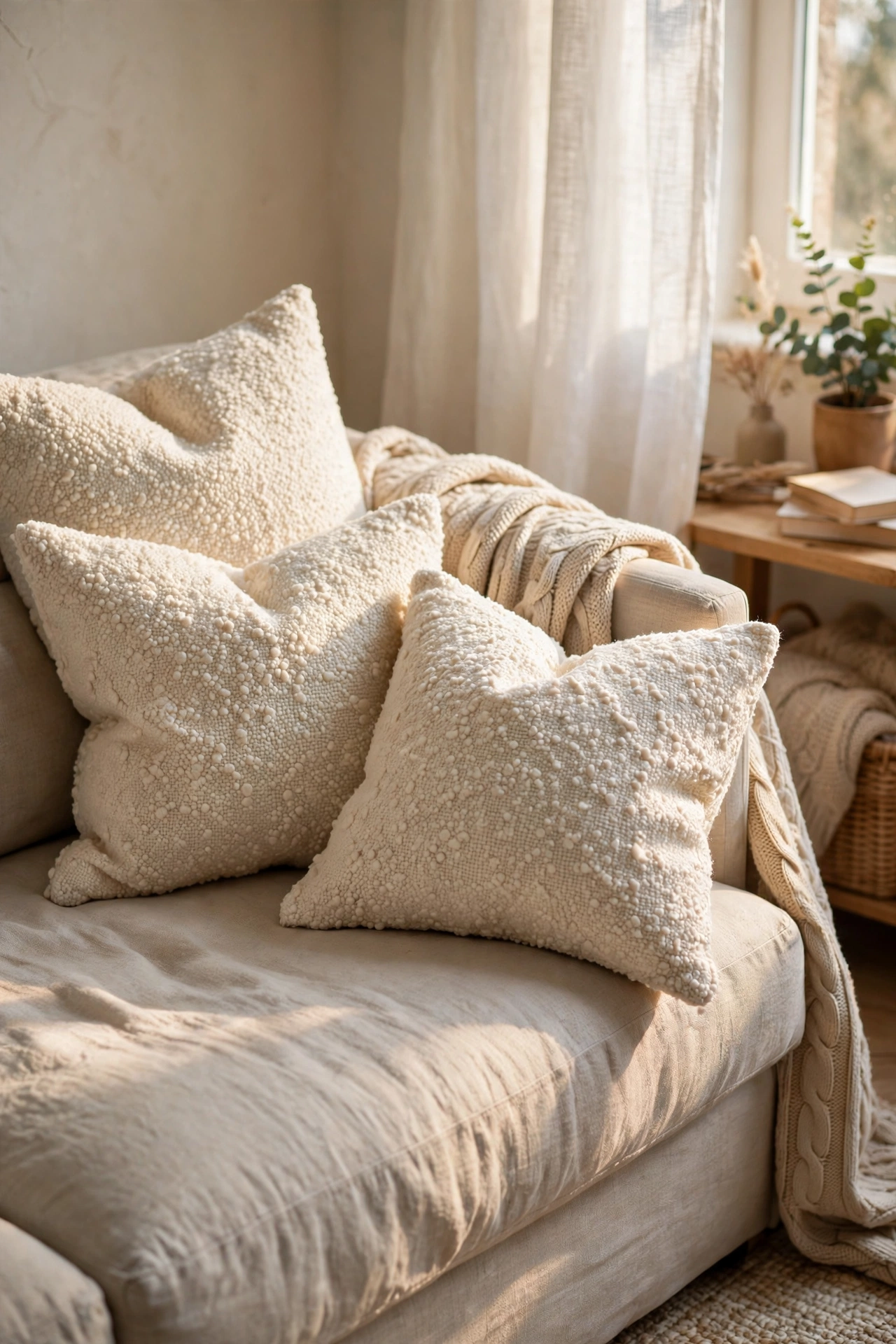 Cream boucle throw pillow covers on a neutral modern sofa