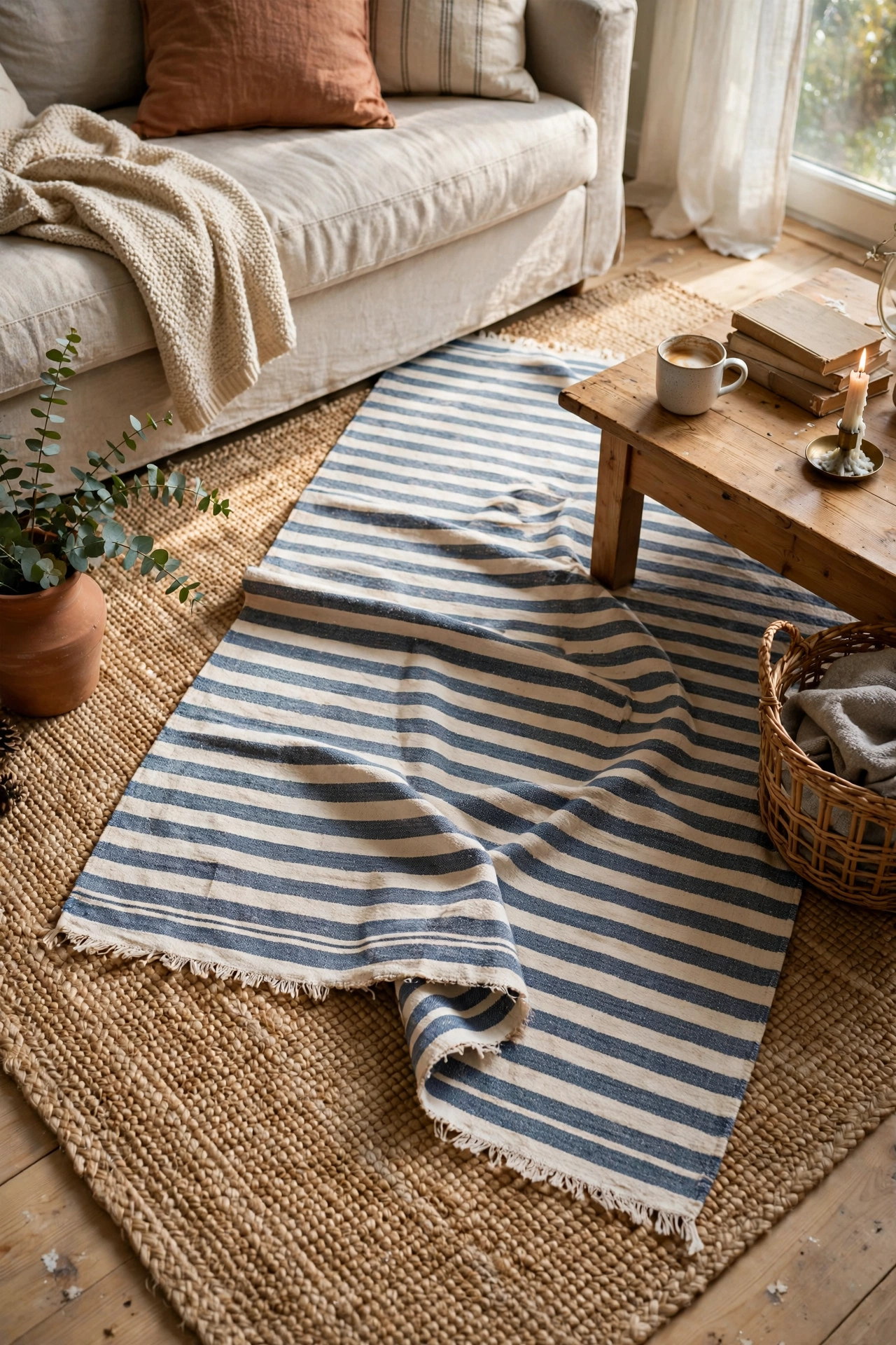 Striped flat-weave rug layered at an angle over a natural jute rug