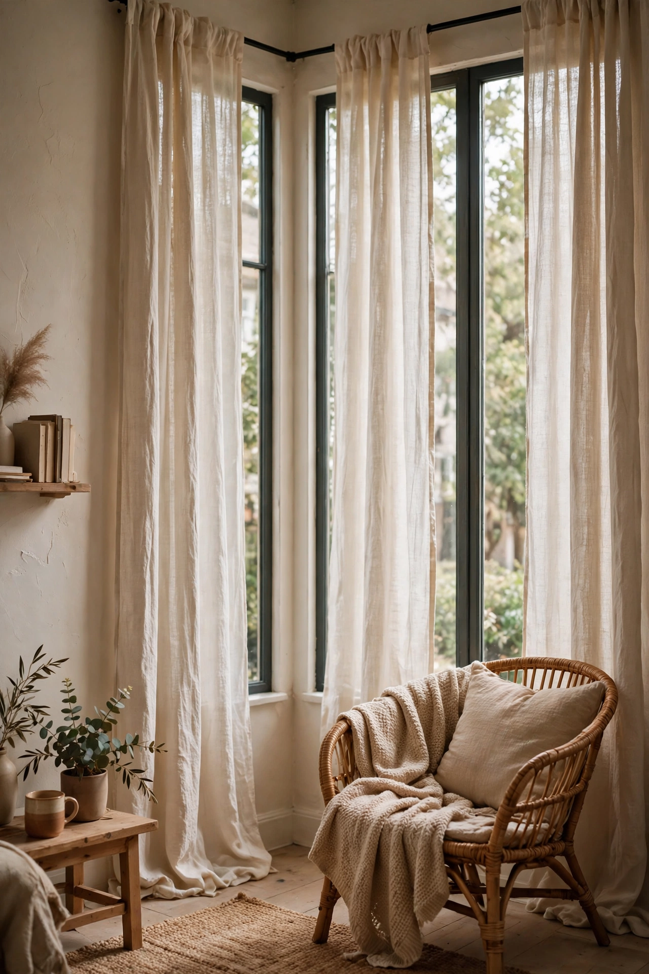 Linen-look curtain panels hung high above tall windows in warm white
