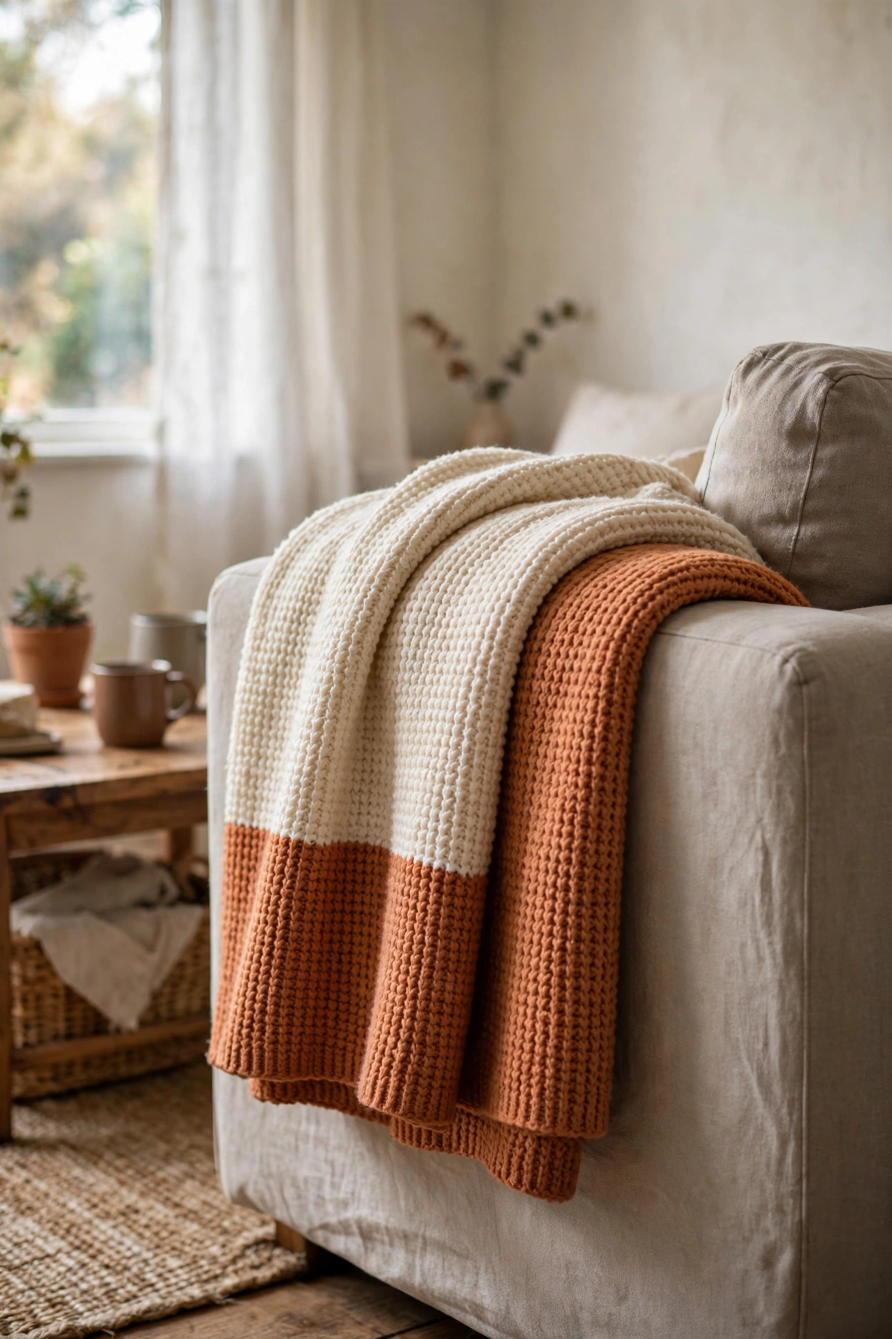 Colour-blocked throw blanket in cream and terracotta draped over a sofa arm