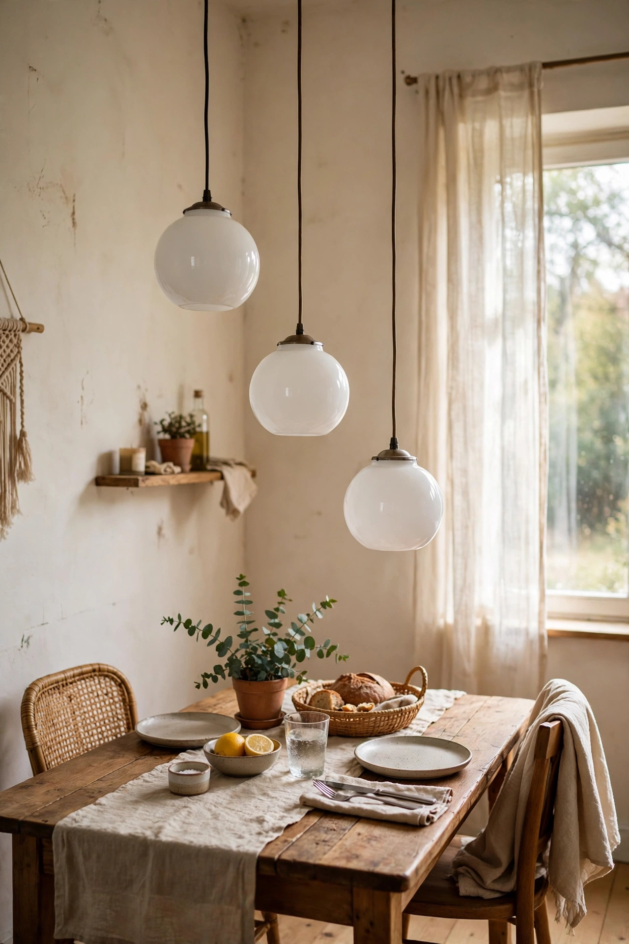 Cluster of three white globe pendant lights at staggered heights over a dining table