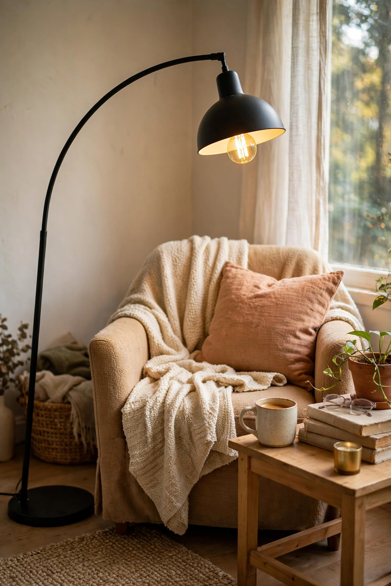 Black arc-style floor lamp curved over a cosy reading chair with side table