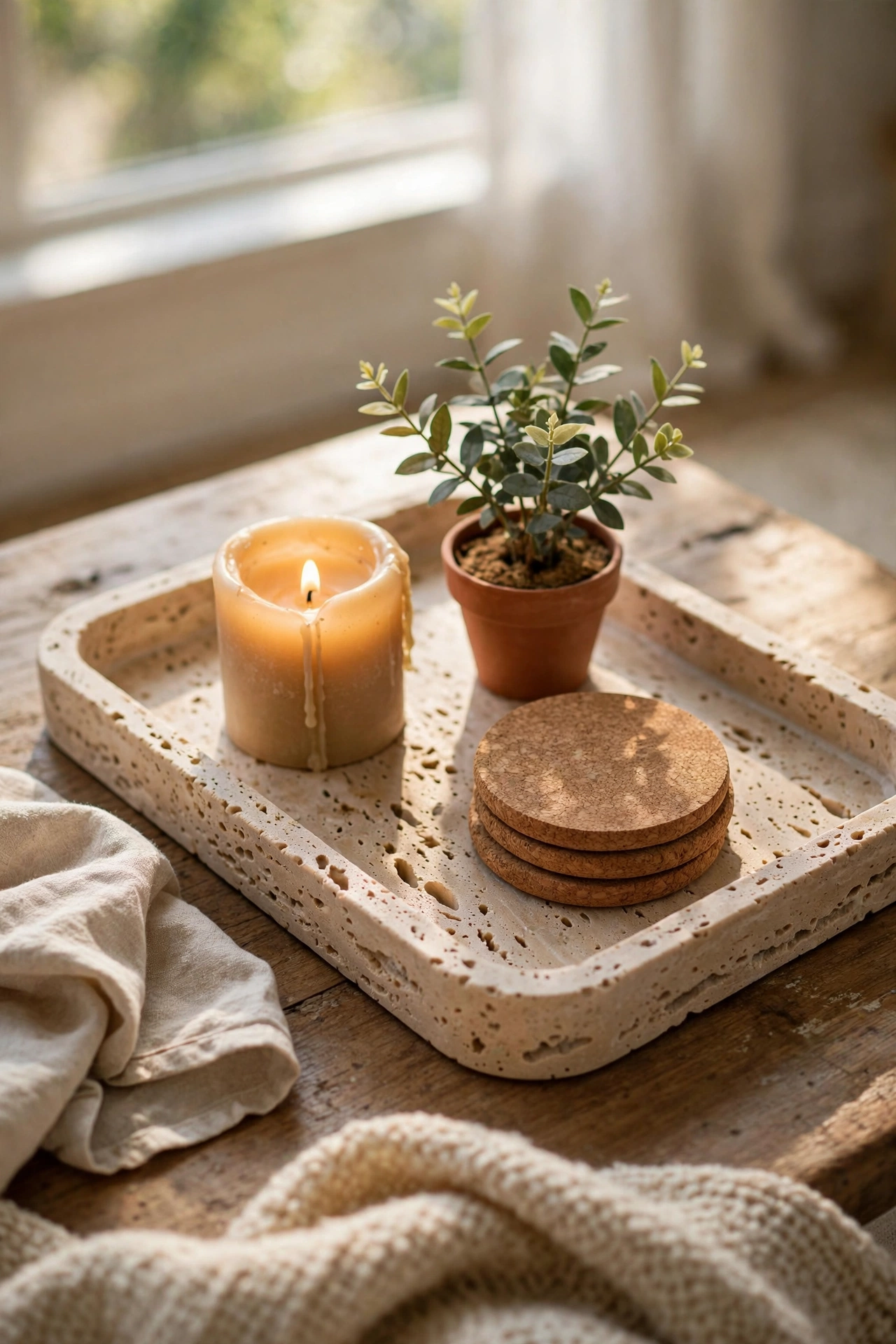 Travertine-look stone tray styled with candle plant and coasters on coffee table