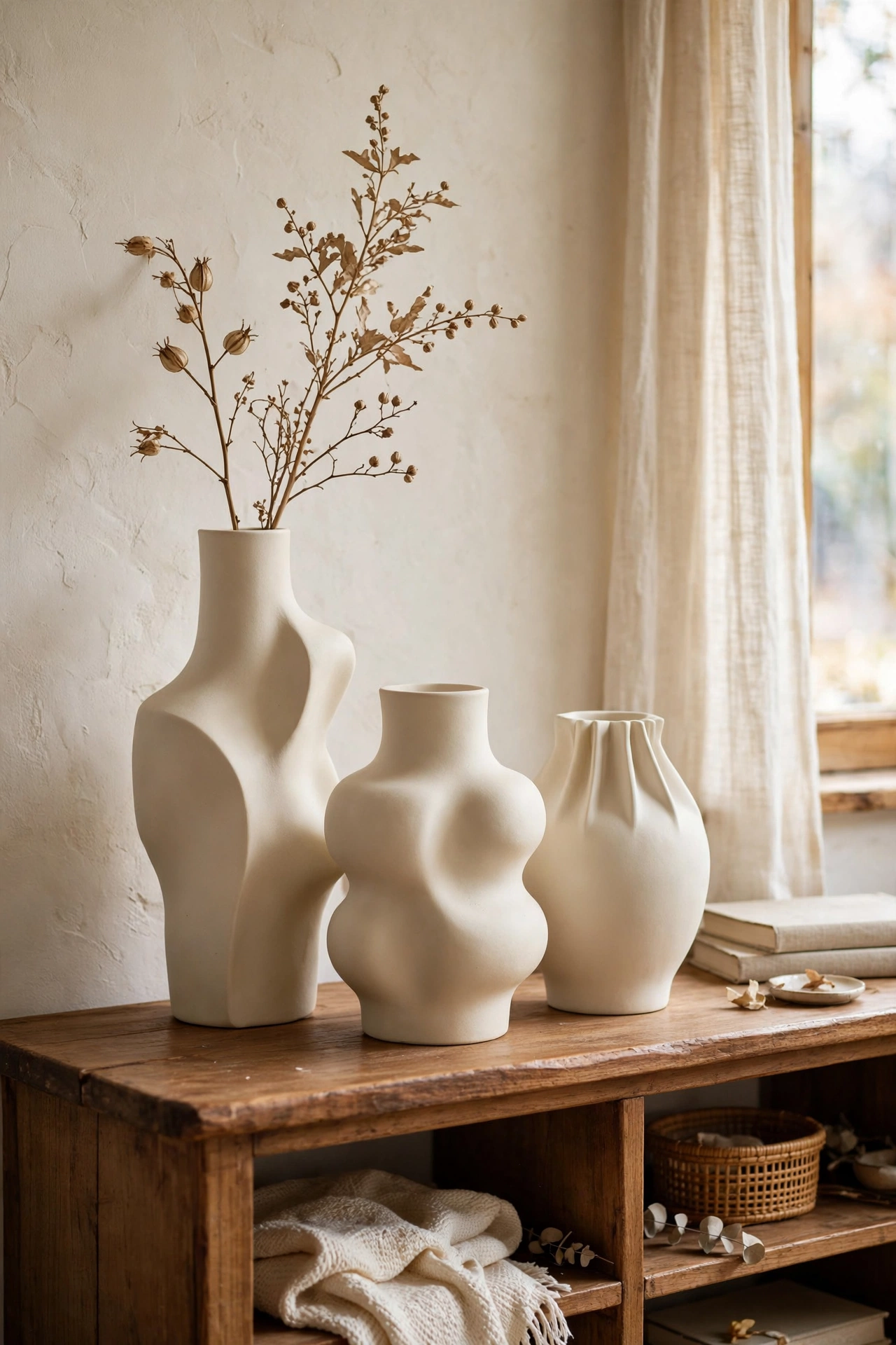 Trio of sculptural matte cream vases in different heights on a console table